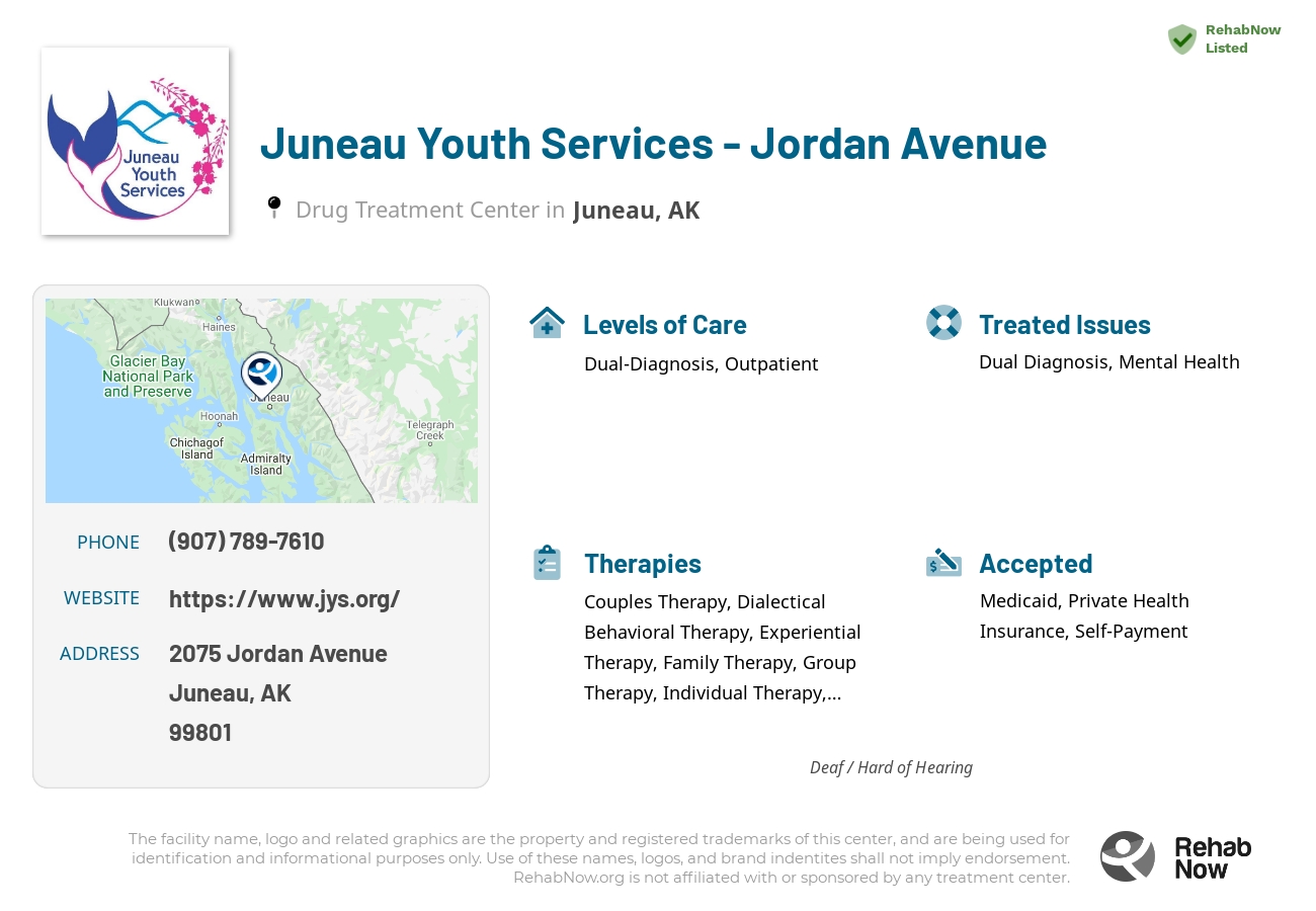 Helpful reference information for Juneau Youth Services - Jordan Avenue, a drug treatment center in Alaska located at: 2075 Jordan Avenue, Juneau, AK, 99801, including phone numbers, official website, and more. Listed briefly is an overview of Levels of Care, Therapies Offered, Issues Treated, and accepted forms of Payment Methods.