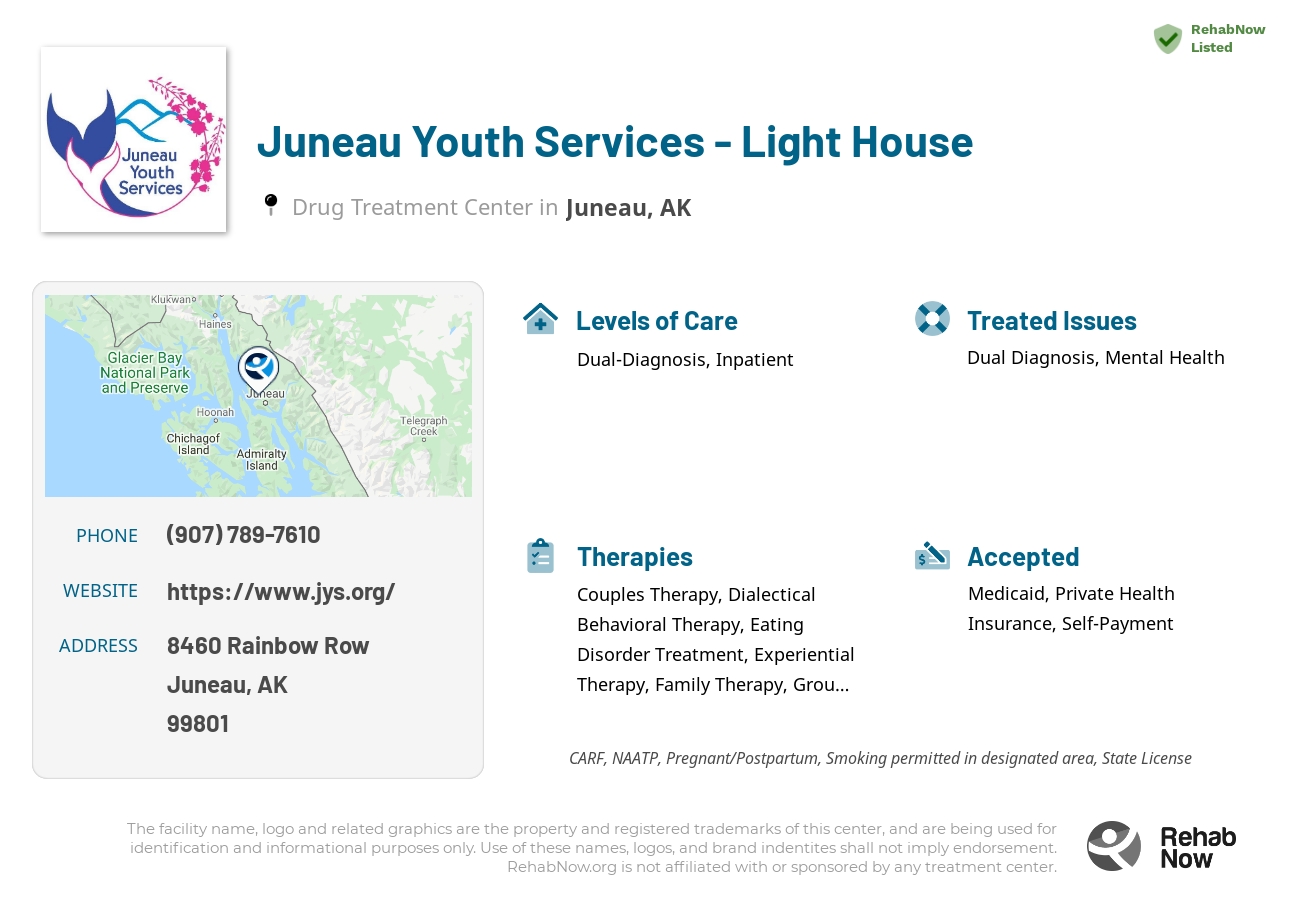 Helpful reference information for Juneau Youth Services - Light House, a drug treatment center in Alaska located at: 8460 Rainbow Row, Juneau, AK, 99801, including phone numbers, official website, and more. Listed briefly is an overview of Levels of Care, Therapies Offered, Issues Treated, and accepted forms of Payment Methods.
