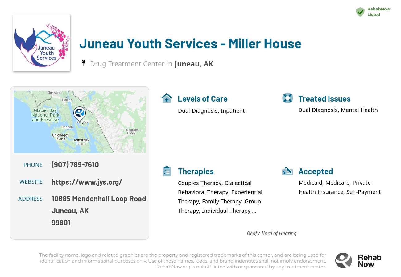 Helpful reference information for Juneau Youth Services - Miller House, a drug treatment center in Alaska located at: 10685 Mendenhall Loop Road, Juneau, AK, 99801, including phone numbers, official website, and more. Listed briefly is an overview of Levels of Care, Therapies Offered, Issues Treated, and accepted forms of Payment Methods.