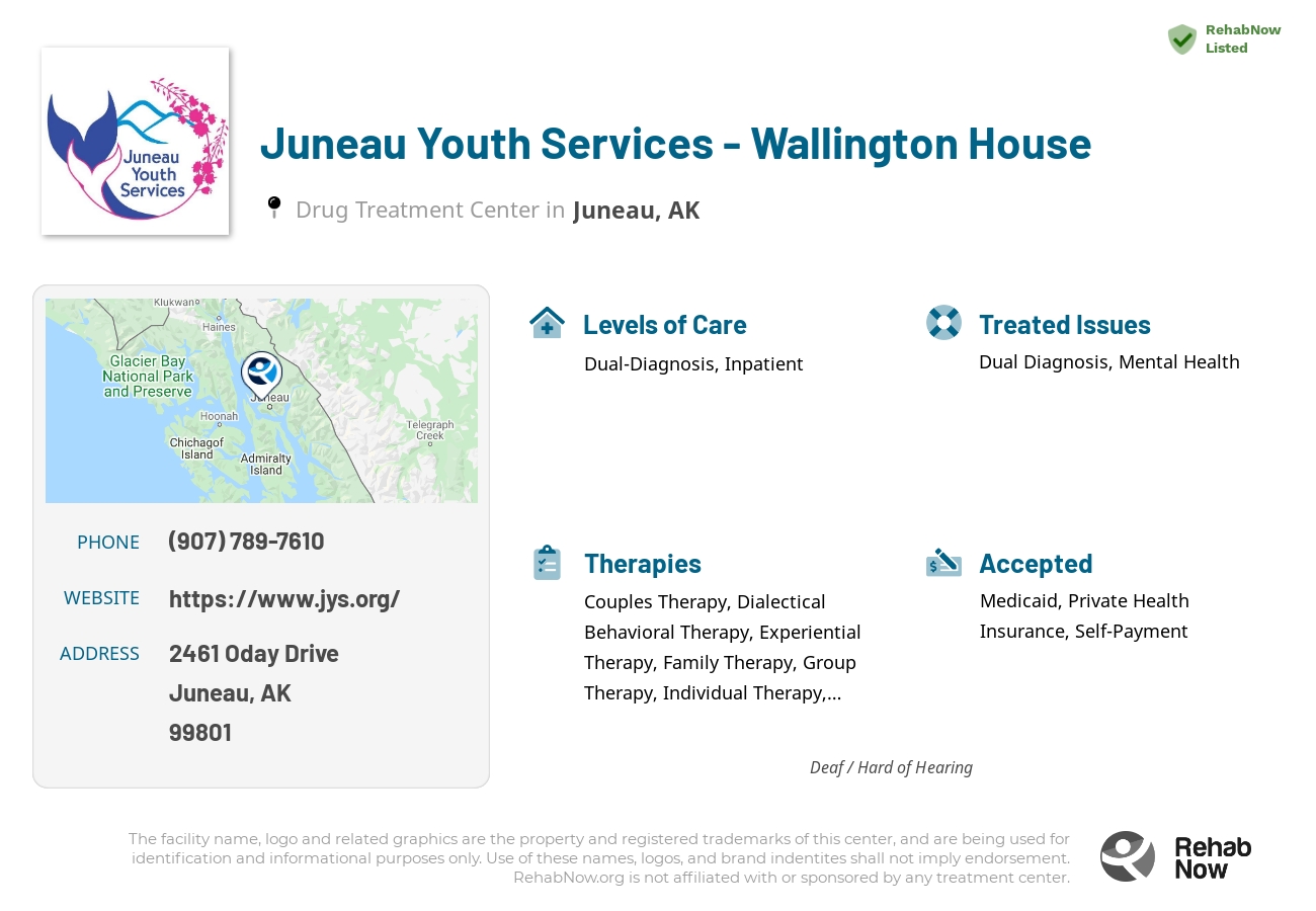 Helpful reference information for Juneau Youth Services - Wallington House, a drug treatment center in Alaska located at: 2461 Oday Drive, Juneau, AK, 99801, including phone numbers, official website, and more. Listed briefly is an overview of Levels of Care, Therapies Offered, Issues Treated, and accepted forms of Payment Methods.