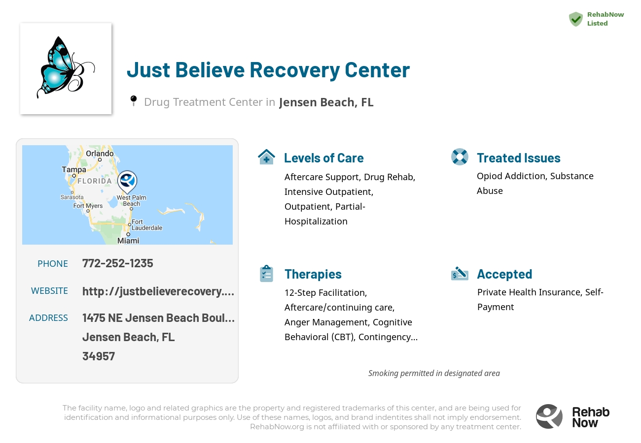 Helpful reference information for Just Believe Recovery Center, a drug treatment center in Florida located at: 1475 NE Jensen Beach Boulevard, Jensen Beach, FL 34957, including phone numbers, official website, and more. Listed briefly is an overview of Levels of Care, Therapies Offered, Issues Treated, and accepted forms of Payment Methods.