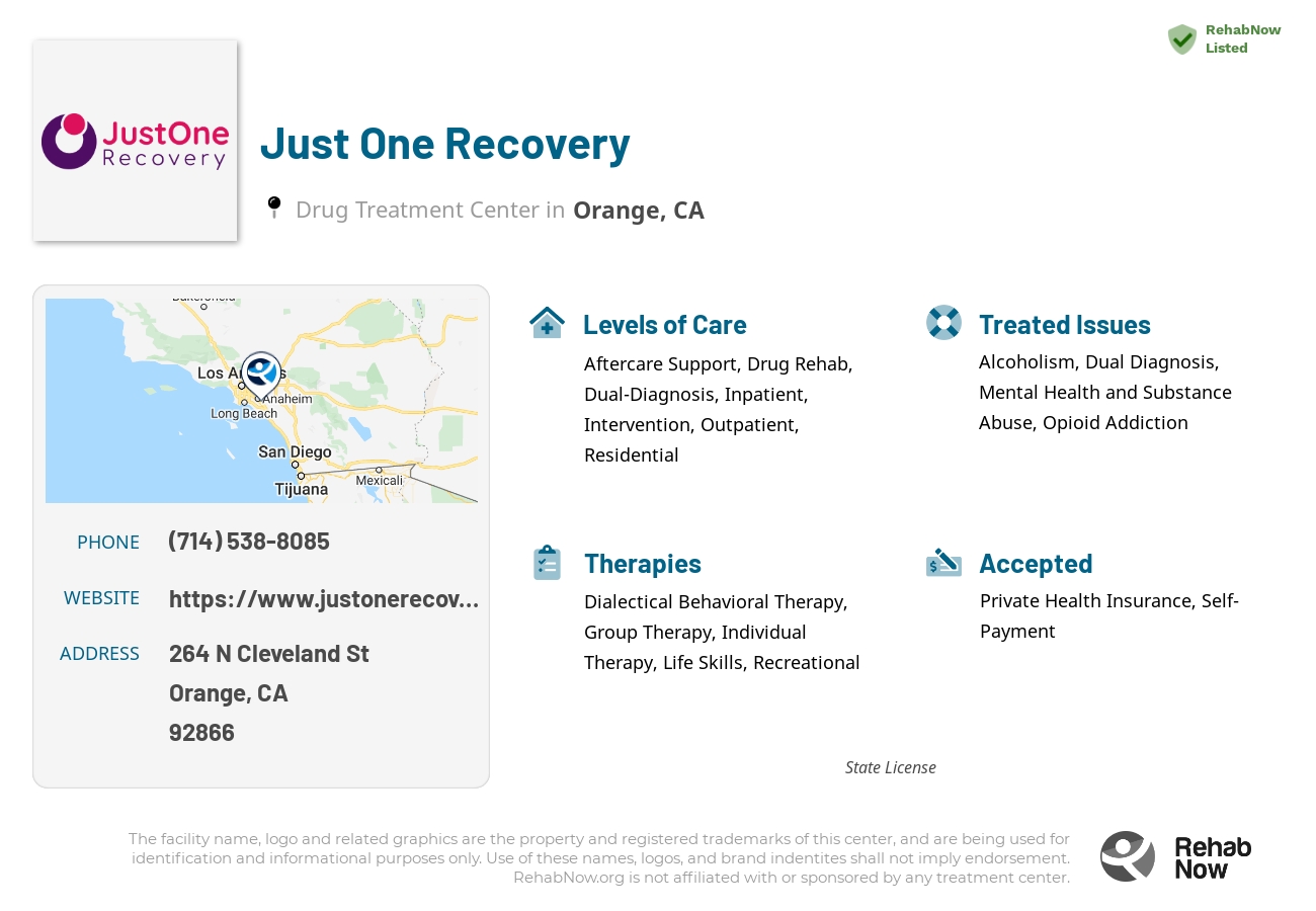 Helpful reference information for Just One Recovery, a drug treatment center in California located at: 264 N Cleveland St, Orange, CA 92866, including phone numbers, official website, and more. Listed briefly is an overview of Levels of Care, Therapies Offered, Issues Treated, and accepted forms of Payment Methods.
