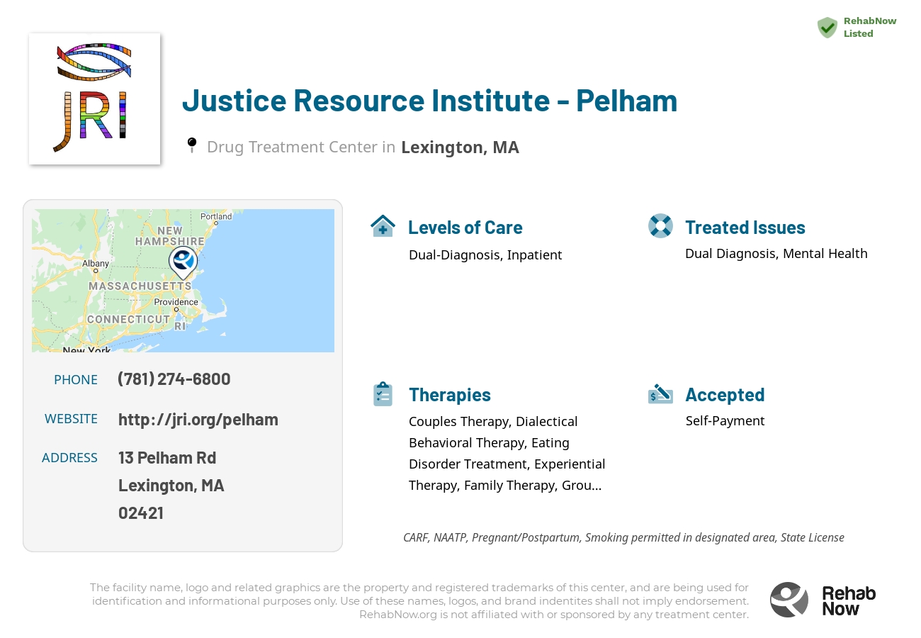 Helpful reference information for Justice Resource Institute - Pelham, a drug treatment center in Massachusetts located at: 13 Pelham Rd, Lexington, MA 02421, including phone numbers, official website, and more. Listed briefly is an overview of Levels of Care, Therapies Offered, Issues Treated, and accepted forms of Payment Methods.