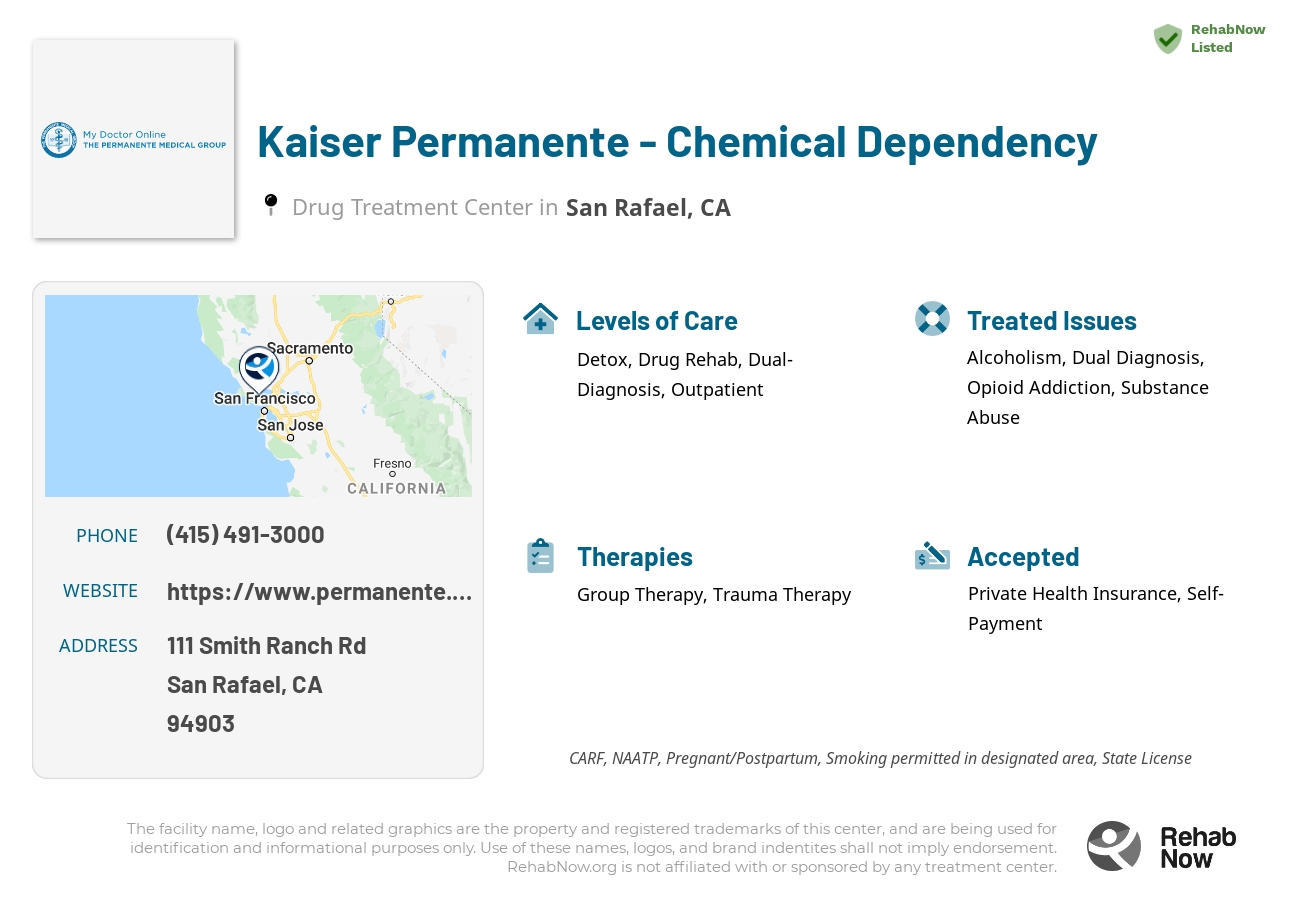 Helpful reference information for Kaiser Permanente - Chemical Dependency, a drug treatment center in California located at: 111 Smith Ranch Rd, San Rafael, CA 94903, including phone numbers, official website, and more. Listed briefly is an overview of Levels of Care, Therapies Offered, Issues Treated, and accepted forms of Payment Methods.