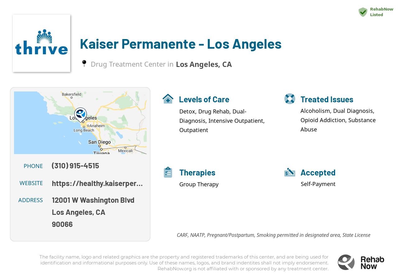 Helpful reference information for Kaiser Permanente - Los Angeles, a drug treatment center in California located at: 12001 W Washington Blvd, Los Angeles, CA 90066, including phone numbers, official website, and more. Listed briefly is an overview of Levels of Care, Therapies Offered, Issues Treated, and accepted forms of Payment Methods.