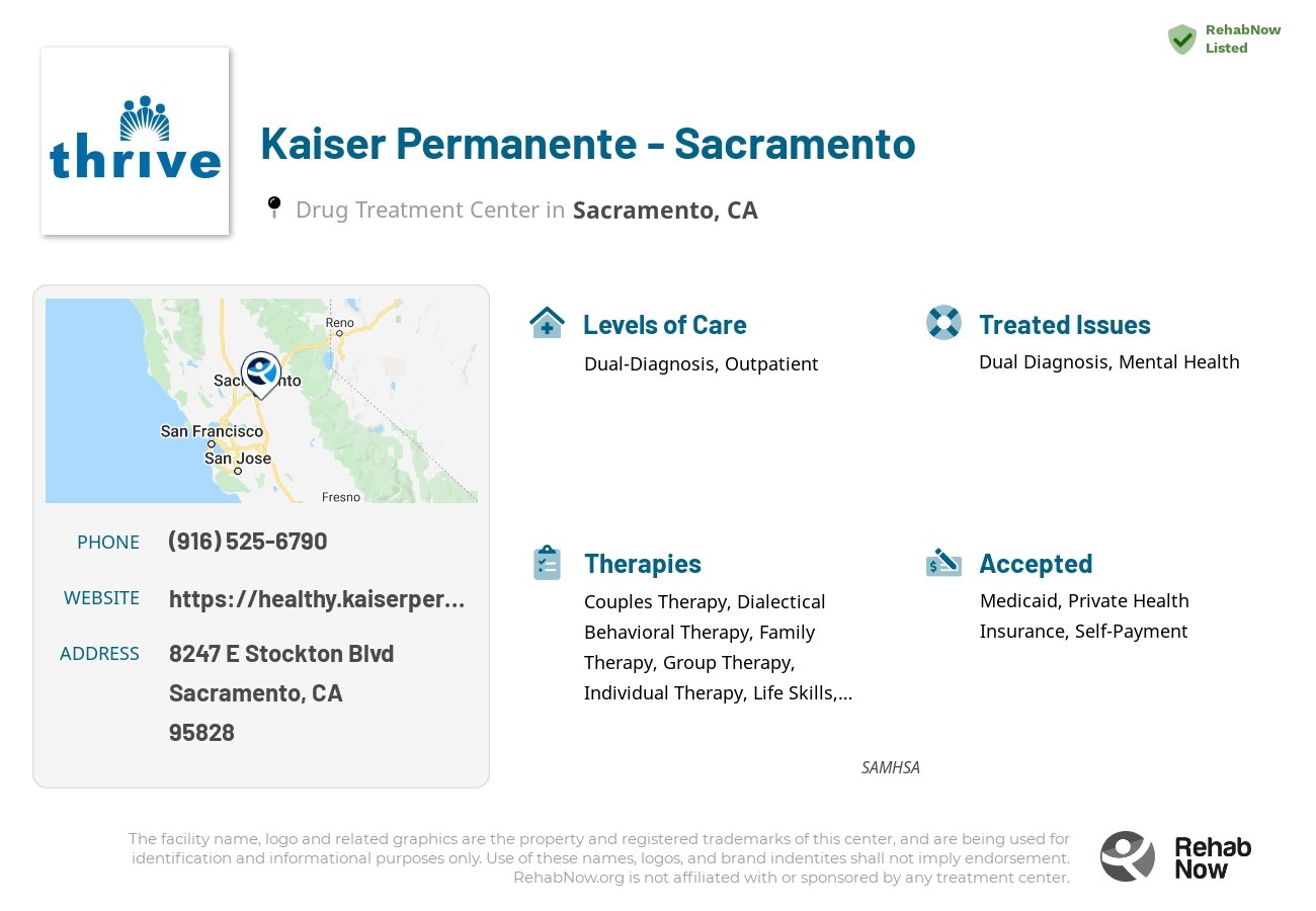 Helpful reference information for Kaiser Permanente - Sacramento, a drug treatment center in California located at: 8247 E Stockton Blvd, Sacramento, CA 95828, including phone numbers, official website, and more. Listed briefly is an overview of Levels of Care, Therapies Offered, Issues Treated, and accepted forms of Payment Methods.