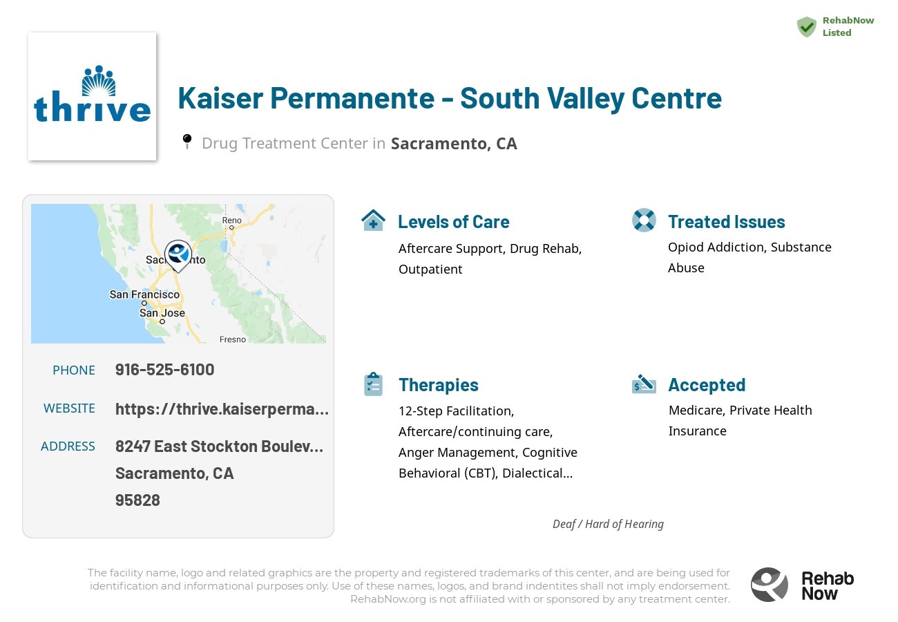 Helpful reference information for Kaiser Permanente - South Valley Centre, a drug treatment center in California located at: 8247 East Stockton Boulevard, Sacramento, CA 95828, including phone numbers, official website, and more. Listed briefly is an overview of Levels of Care, Therapies Offered, Issues Treated, and accepted forms of Payment Methods.