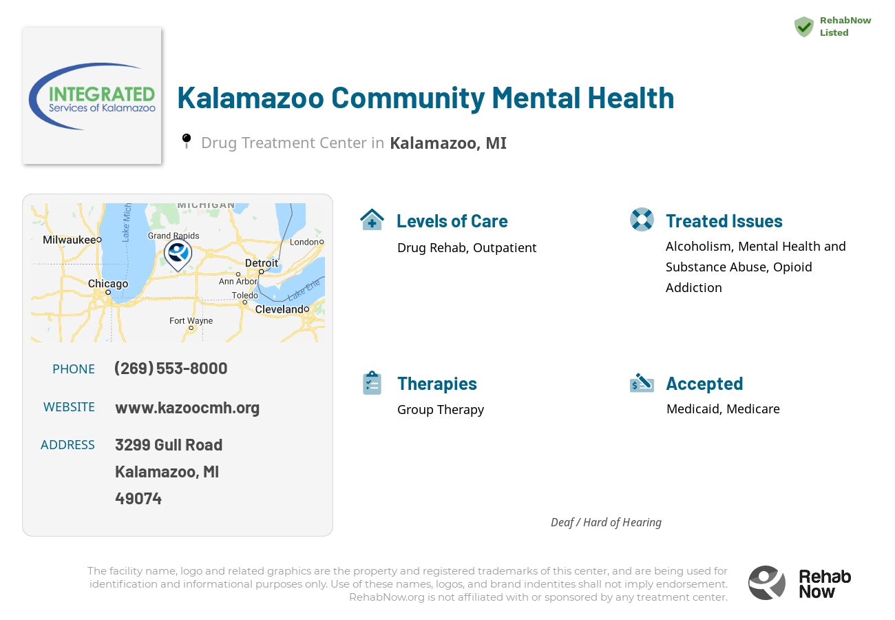Helpful reference information for Kalamazoo Community Mental Health, a drug treatment center in Michigan located at: 3299 Gull Road, Kalamazoo, MI, 49074, including phone numbers, official website, and more. Listed briefly is an overview of Levels of Care, Therapies Offered, Issues Treated, and accepted forms of Payment Methods.