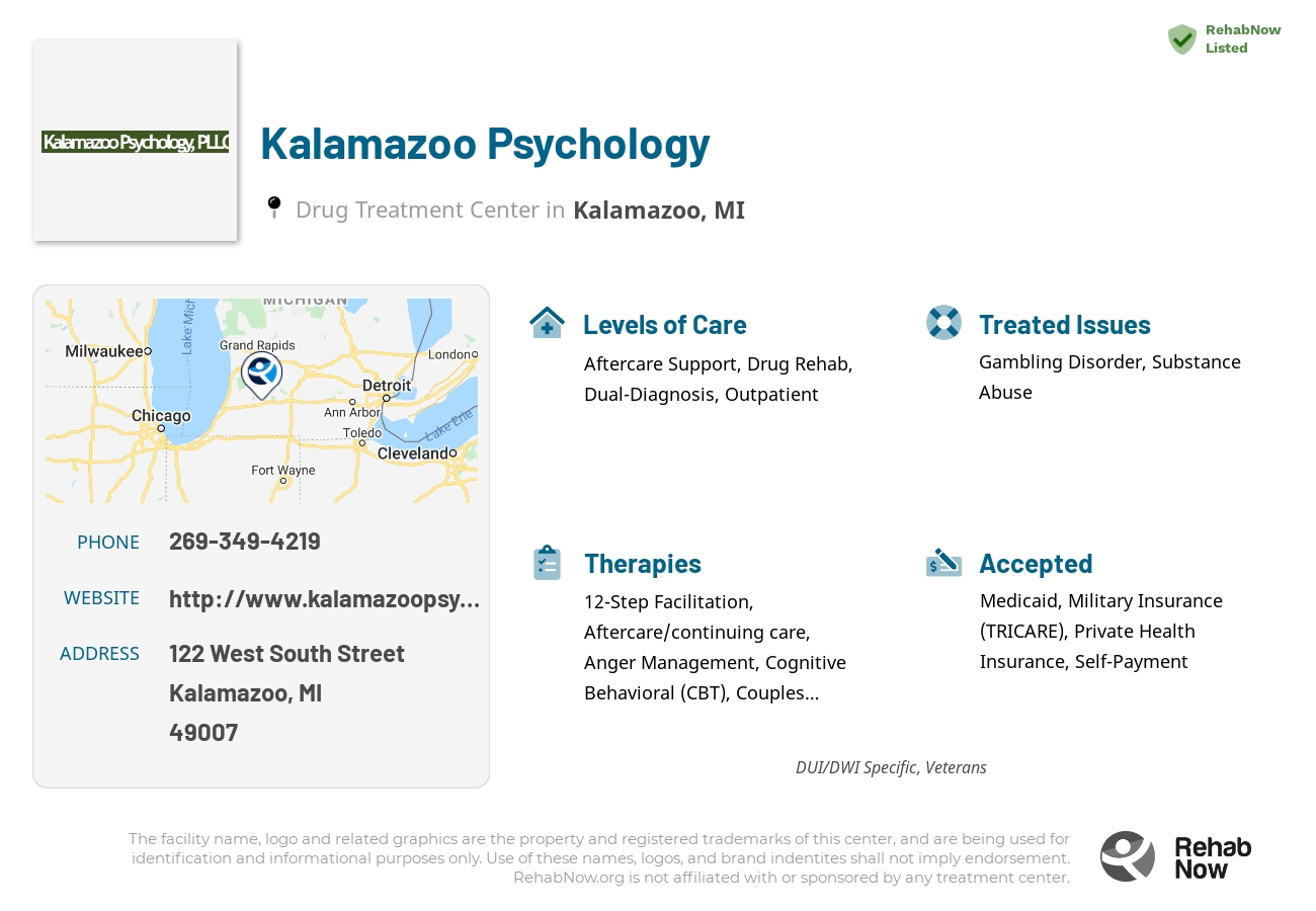Helpful reference information for Kalamazoo Psychology, a drug treatment center in Michigan located at: 122 West South Street, Kalamazoo, MI 49007, including phone numbers, official website, and more. Listed briefly is an overview of Levels of Care, Therapies Offered, Issues Treated, and accepted forms of Payment Methods.
