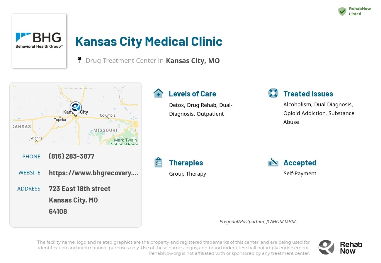 Helpful reference information for Kansas City Medical Clinic, a drug treatment center in Mississippi located at: 723 723 East 18th street, Kansas City, MO 64108, including phone numbers, official website, and more. Listed briefly is an overview of Levels of Care, Therapies Offered, Issues Treated, and accepted forms of Payment Methods.