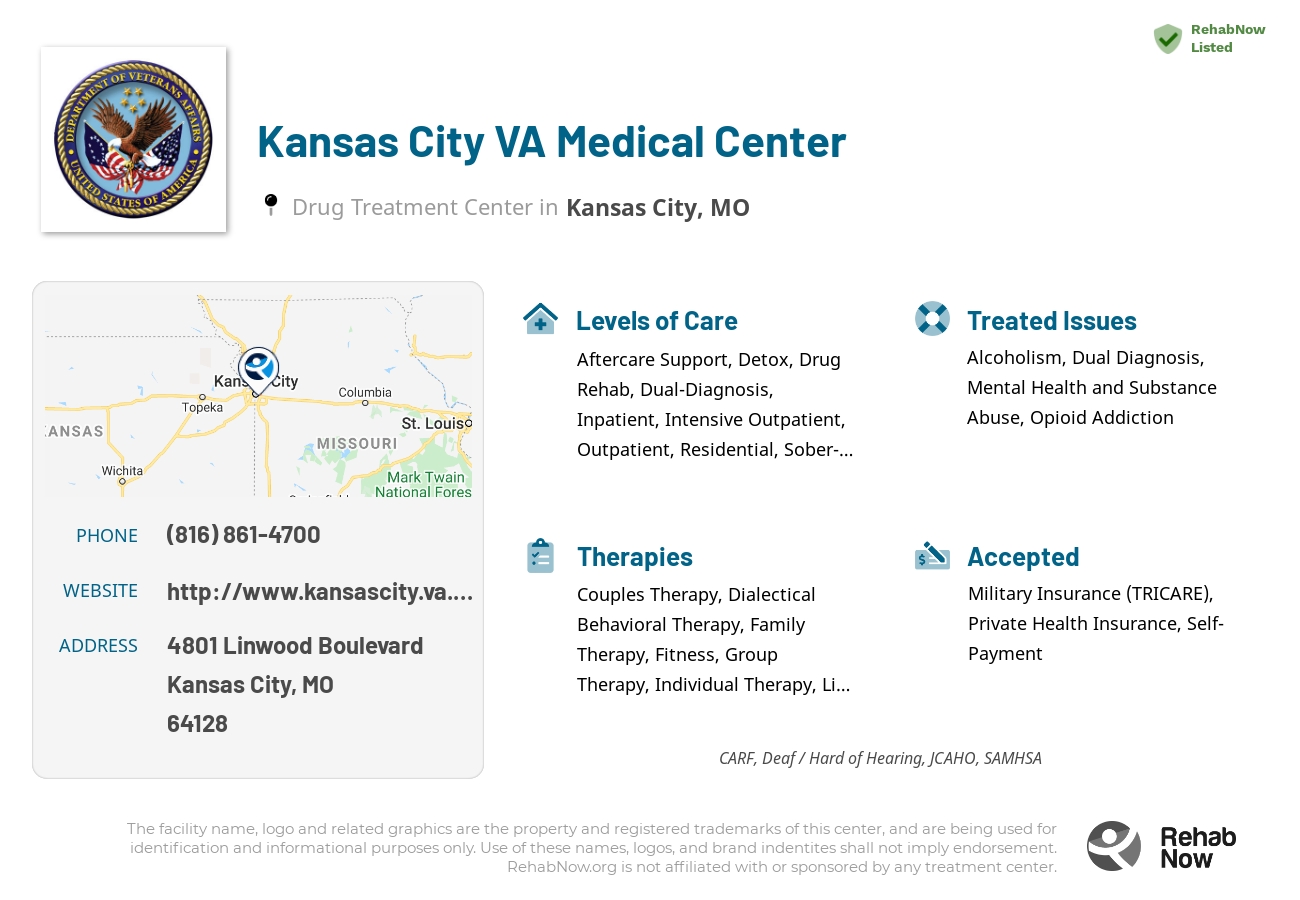Helpful reference information for Kansas City VA Medical Center, a drug treatment center in Missouri located at: 4801 Linwood Boulevard, Kansas City, MO, 64128, including phone numbers, official website, and more. Listed briefly is an overview of Levels of Care, Therapies Offered, Issues Treated, and accepted forms of Payment Methods.