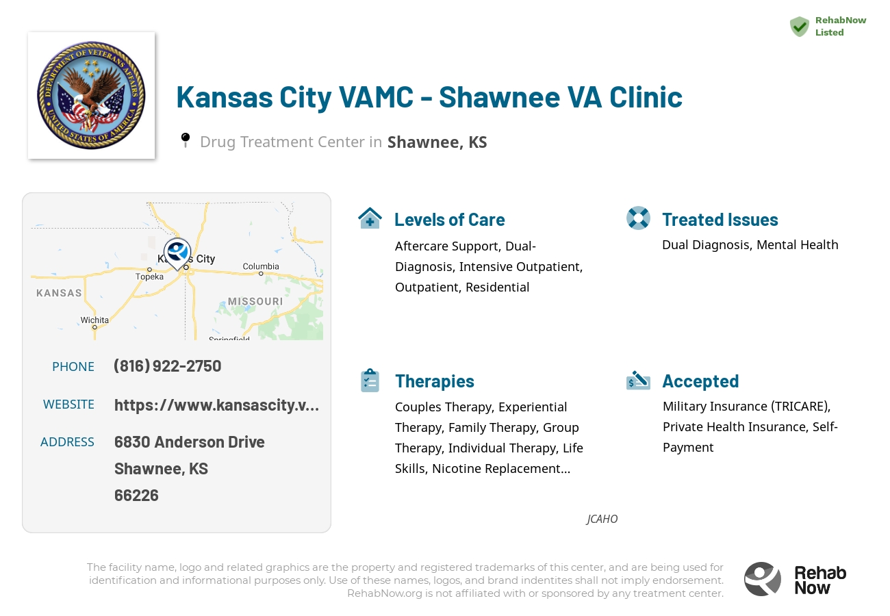 Helpful reference information for Kansas City VAMC - Shawnee VA Clinic, a drug treatment center in Kansas located at: 6830 Anderson Drive, Shawnee, KS, 66226, including phone numbers, official website, and more. Listed briefly is an overview of Levels of Care, Therapies Offered, Issues Treated, and accepted forms of Payment Methods.