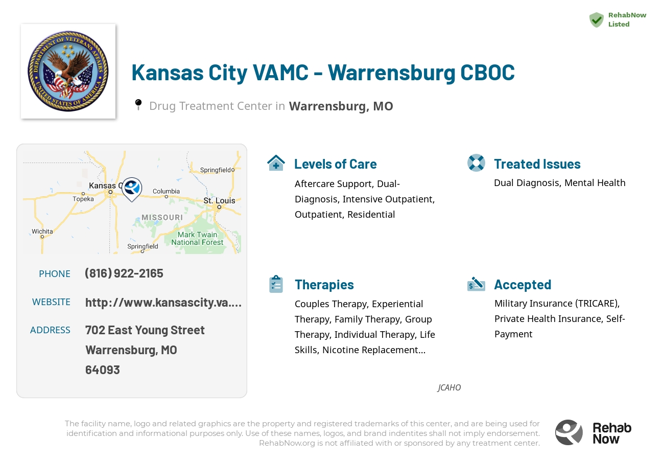 Helpful reference information for Kansas City VAMC - Warrensburg CBOC, a drug treatment center in Missouri located at: 702 702 East Young Street, Warrensburg, MO 64093, including phone numbers, official website, and more. Listed briefly is an overview of Levels of Care, Therapies Offered, Issues Treated, and accepted forms of Payment Methods.