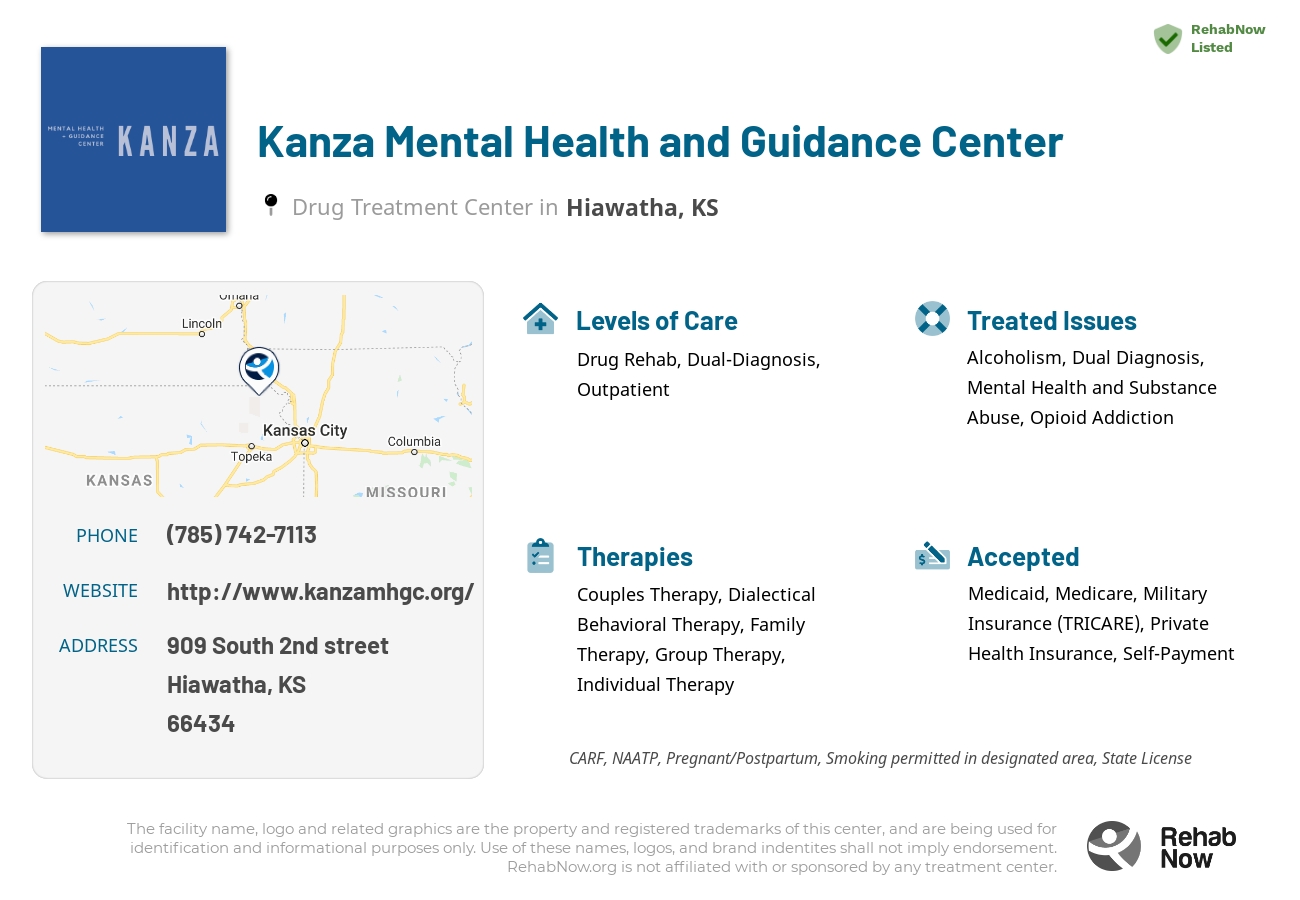 Helpful reference information for Kanza Mental Health and Guidance Center, a drug treatment center in Kansas located at: 909 South 2nd street, Hiawatha, KS, 66434, including phone numbers, official website, and more. Listed briefly is an overview of Levels of Care, Therapies Offered, Issues Treated, and accepted forms of Payment Methods.