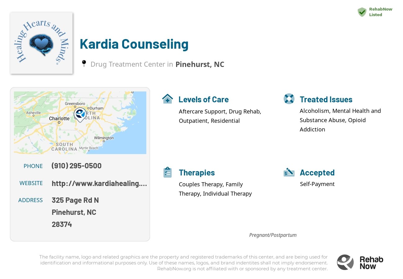 Helpful reference information for Kardia Counseling, a drug treatment center in North Carolina located at: 325 Page Rd N, Pinehurst, NC 28374, including phone numbers, official website, and more. Listed briefly is an overview of Levels of Care, Therapies Offered, Issues Treated, and accepted forms of Payment Methods.