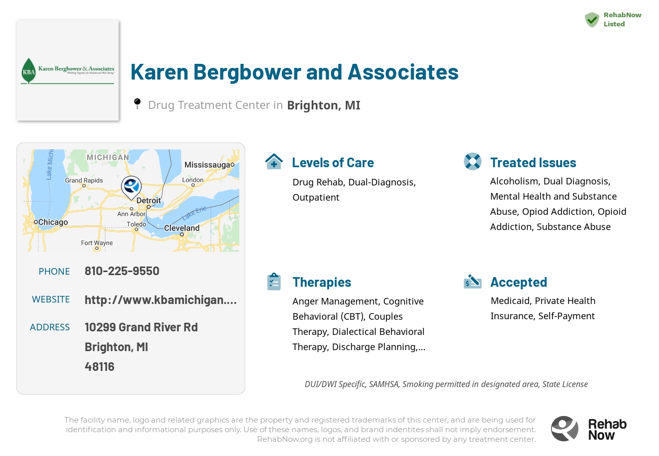 Helpful reference information for Karen Bergbower and Associates, a drug treatment center in Michigan located at: 10299 Grand River Rd, Brighton, MI 48116, including phone numbers, official website, and more. Listed briefly is an overview of Levels of Care, Therapies Offered, Issues Treated, and accepted forms of Payment Methods.