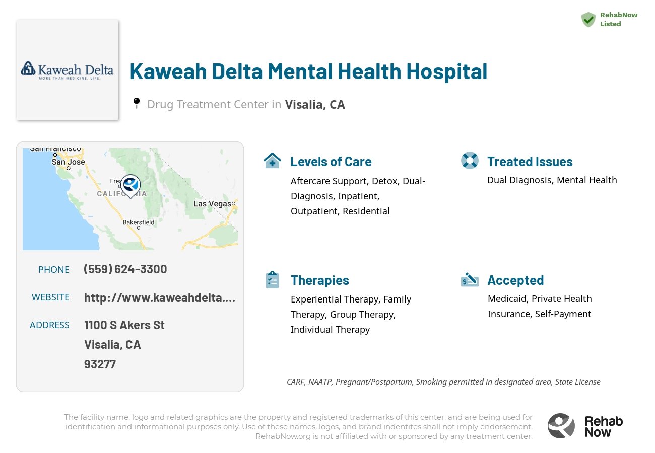 Helpful reference information for Kaweah Delta Mental Health Hospital, a drug treatment center in California located at: 1100 S Akers St, Visalia, CA 93277, including phone numbers, official website, and more. Listed briefly is an overview of Levels of Care, Therapies Offered, Issues Treated, and accepted forms of Payment Methods.