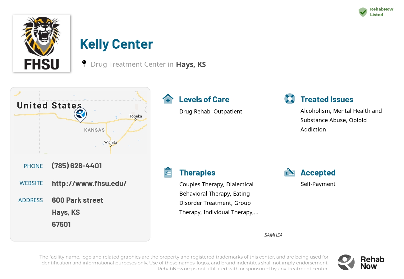 Helpful reference information for Kelly Center, a drug treatment center in Kansas located at: 600 Park street, Hays, KS, 67601, including phone numbers, official website, and more. Listed briefly is an overview of Levels of Care, Therapies Offered, Issues Treated, and accepted forms of Payment Methods.