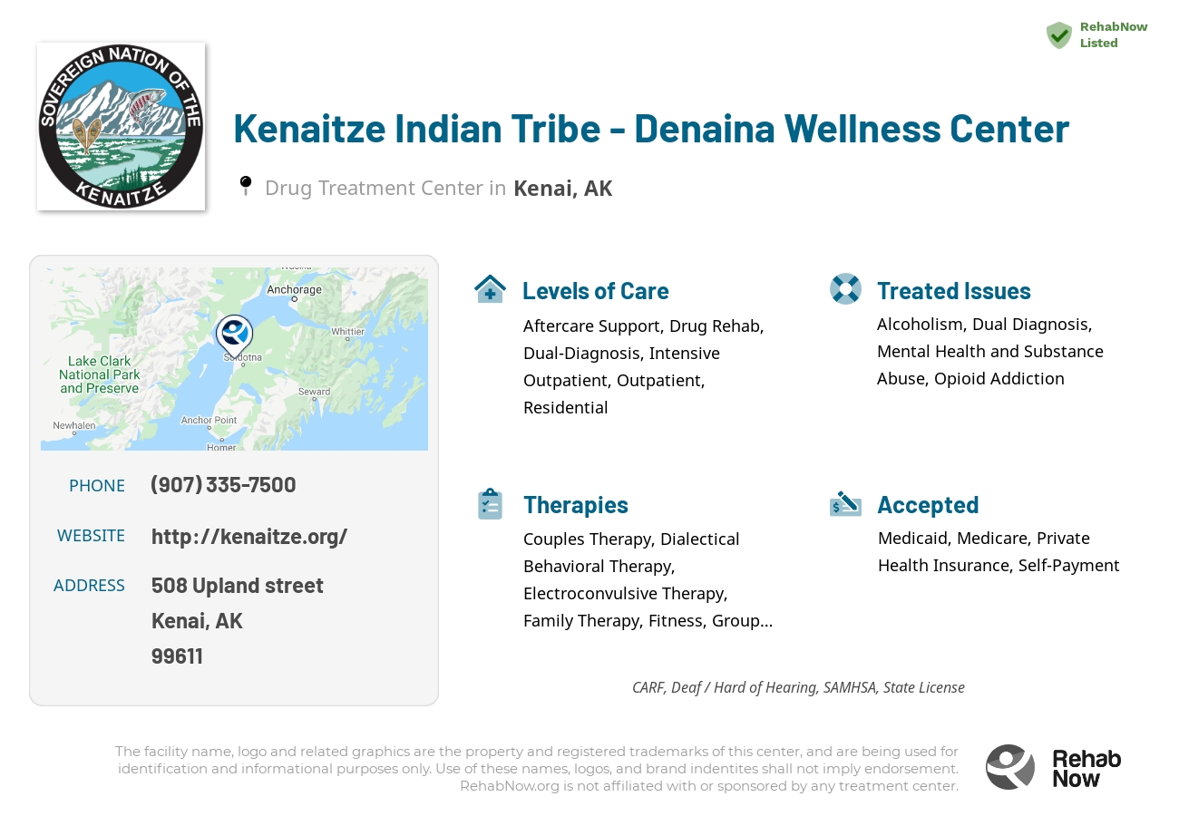 Helpful reference information for Kenaitze Indian Tribe - Denaina Wellness Center, a drug treatment center in Alaska located at: 508 Upland street, Kenai, AK, 99611, including phone numbers, official website, and more. Listed briefly is an overview of Levels of Care, Therapies Offered, Issues Treated, and accepted forms of Payment Methods.