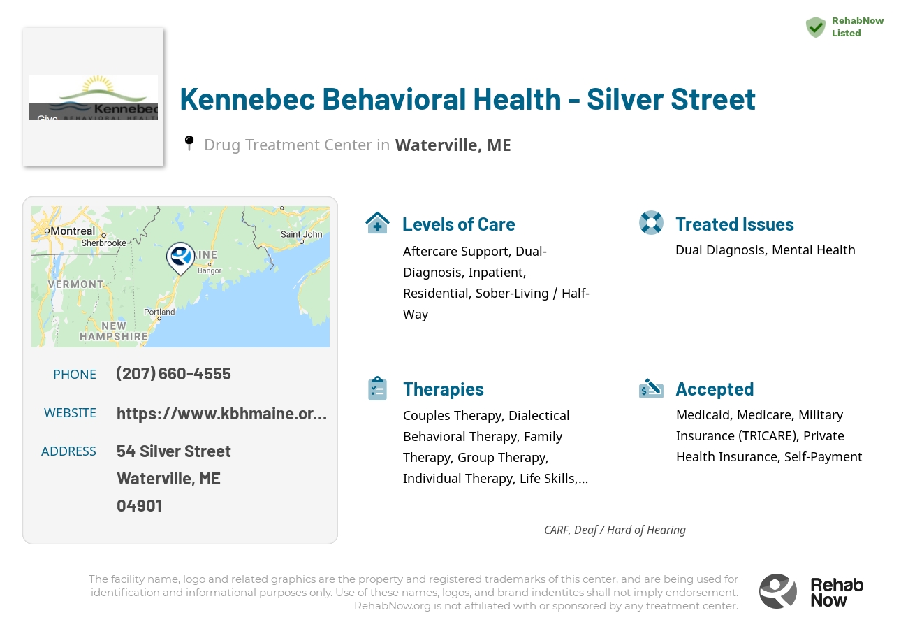 Helpful reference information for Kennebec Behavioral Health - Silver Street, a drug treatment center in Maine located at: 54 Silver Street, Waterville, ME, 04901, including phone numbers, official website, and more. Listed briefly is an overview of Levels of Care, Therapies Offered, Issues Treated, and accepted forms of Payment Methods.
