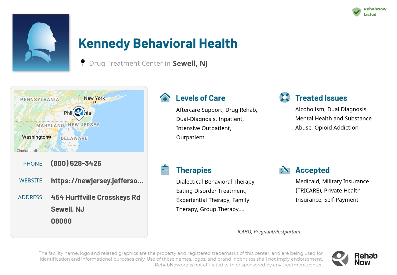 Helpful reference information for Kennedy Behavioral Health, a drug treatment center in New Jersey located at: 454 Hurffville Crosskeys Rd, Sewell, NJ 08080, including phone numbers, official website, and more. Listed briefly is an overview of Levels of Care, Therapies Offered, Issues Treated, and accepted forms of Payment Methods.