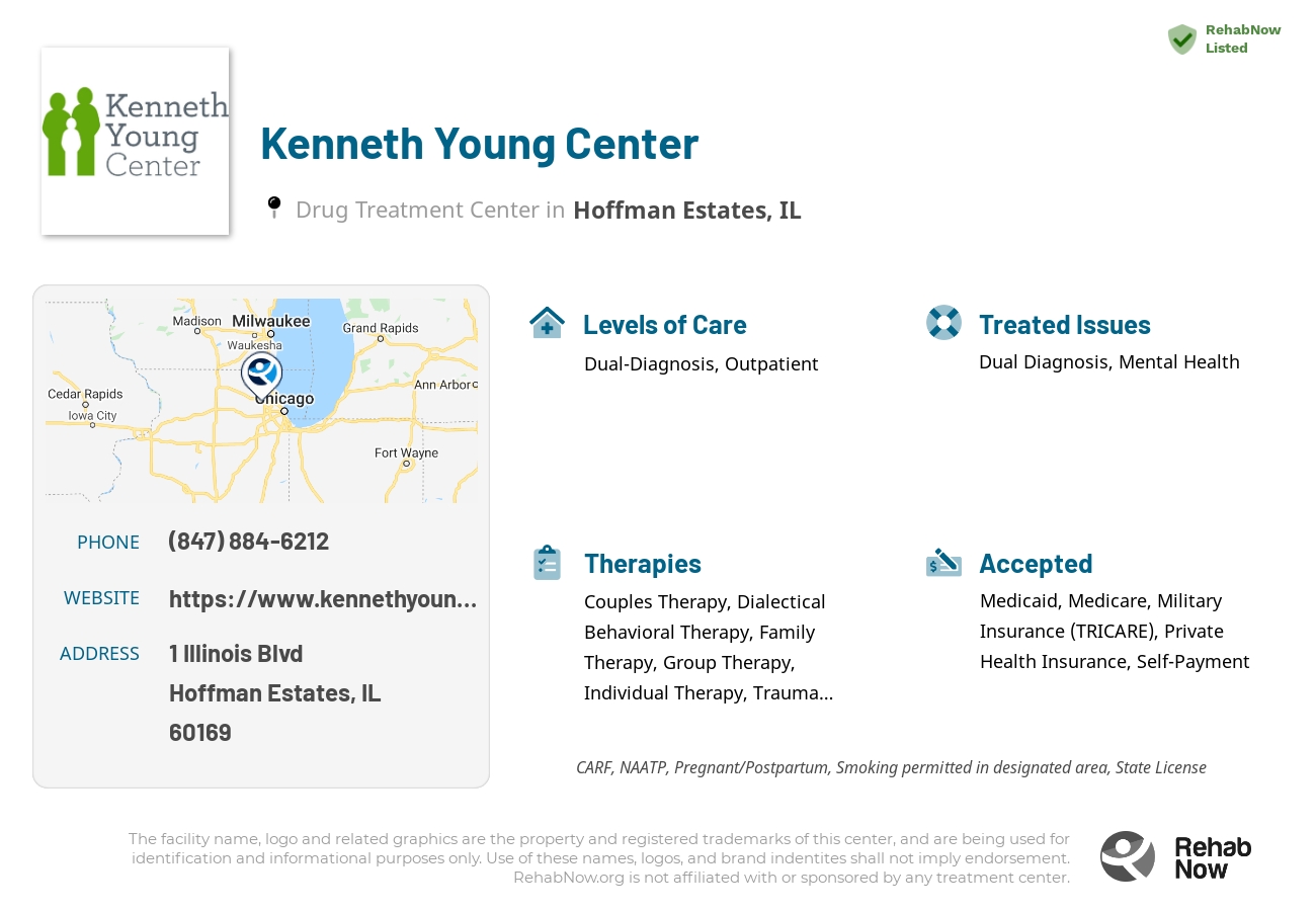 Helpful reference information for Kenneth Young Center, a drug treatment center in Illinois located at: 1 Illinois Blvd, Hoffman Estates, IL 60169, including phone numbers, official website, and more. Listed briefly is an overview of Levels of Care, Therapies Offered, Issues Treated, and accepted forms of Payment Methods.