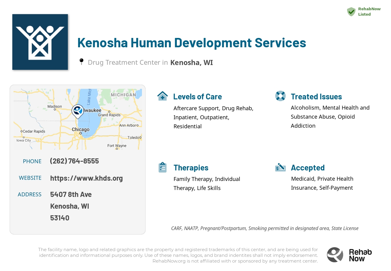 Helpful reference information for Kenosha Human Development Services, a drug treatment center in Wisconsin located at: 5407 8th Ave, Kenosha, WI 53140, including phone numbers, official website, and more. Listed briefly is an overview of Levels of Care, Therapies Offered, Issues Treated, and accepted forms of Payment Methods.