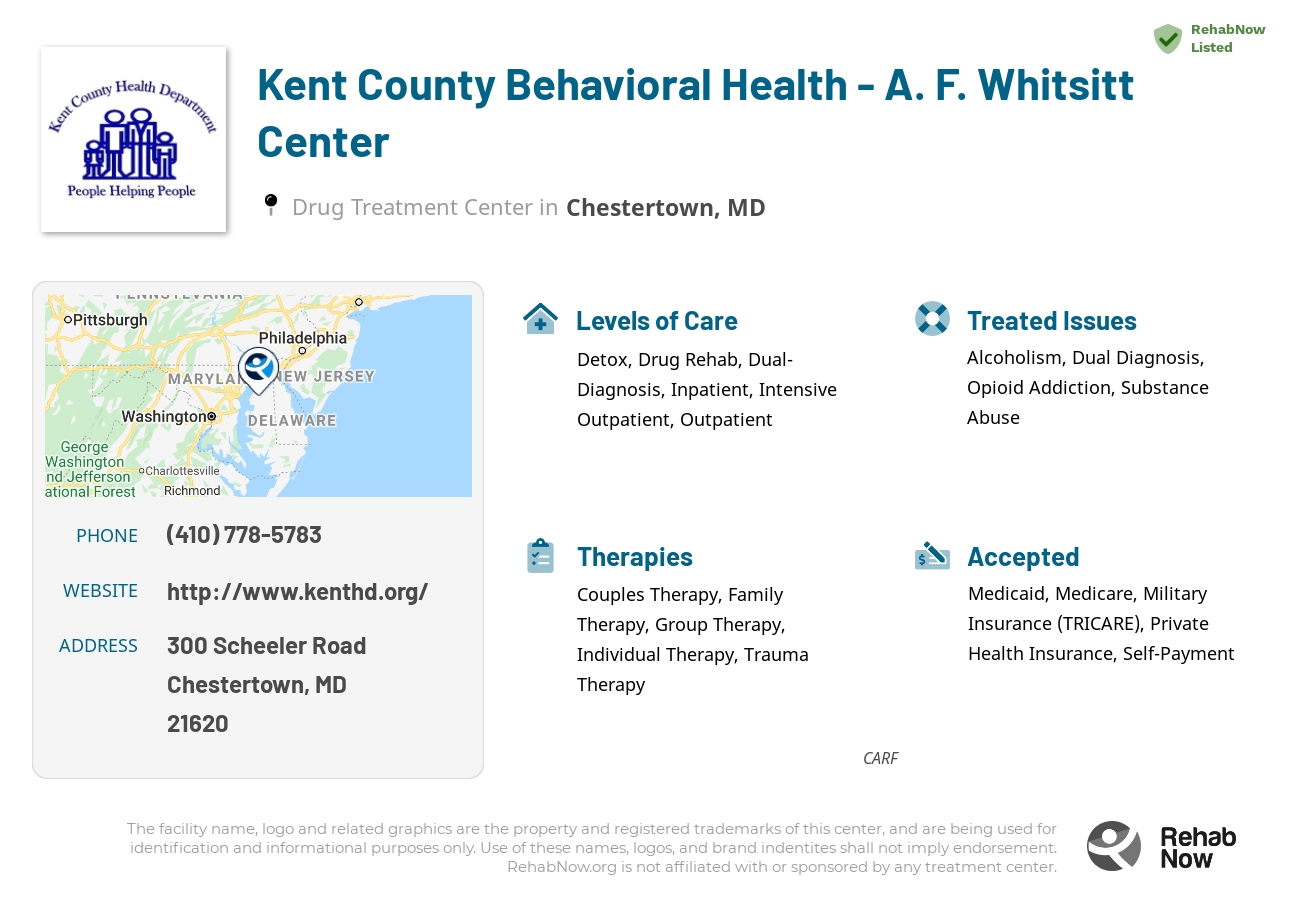 Helpful reference information for Kent County Behavioral Health -  A. F. Whitsitt Center, a drug treatment center in Maryland located at: 300 Scheeler Road, Chestertown, MD, 21620, including phone numbers, official website, and more. Listed briefly is an overview of Levels of Care, Therapies Offered, Issues Treated, and accepted forms of Payment Methods.