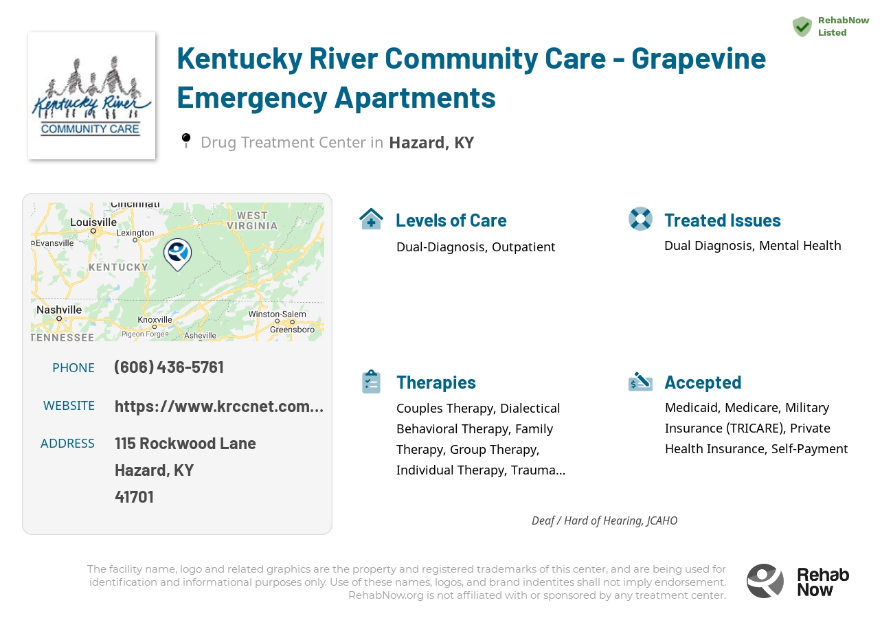 Helpful reference information for Kentucky River Community Care - Grapevine Emergency Apartments, a drug treatment center in Kentucky located at: 115 Rockwood Lane, Hazard, KY, 41701, including phone numbers, official website, and more. Listed briefly is an overview of Levels of Care, Therapies Offered, Issues Treated, and accepted forms of Payment Methods.