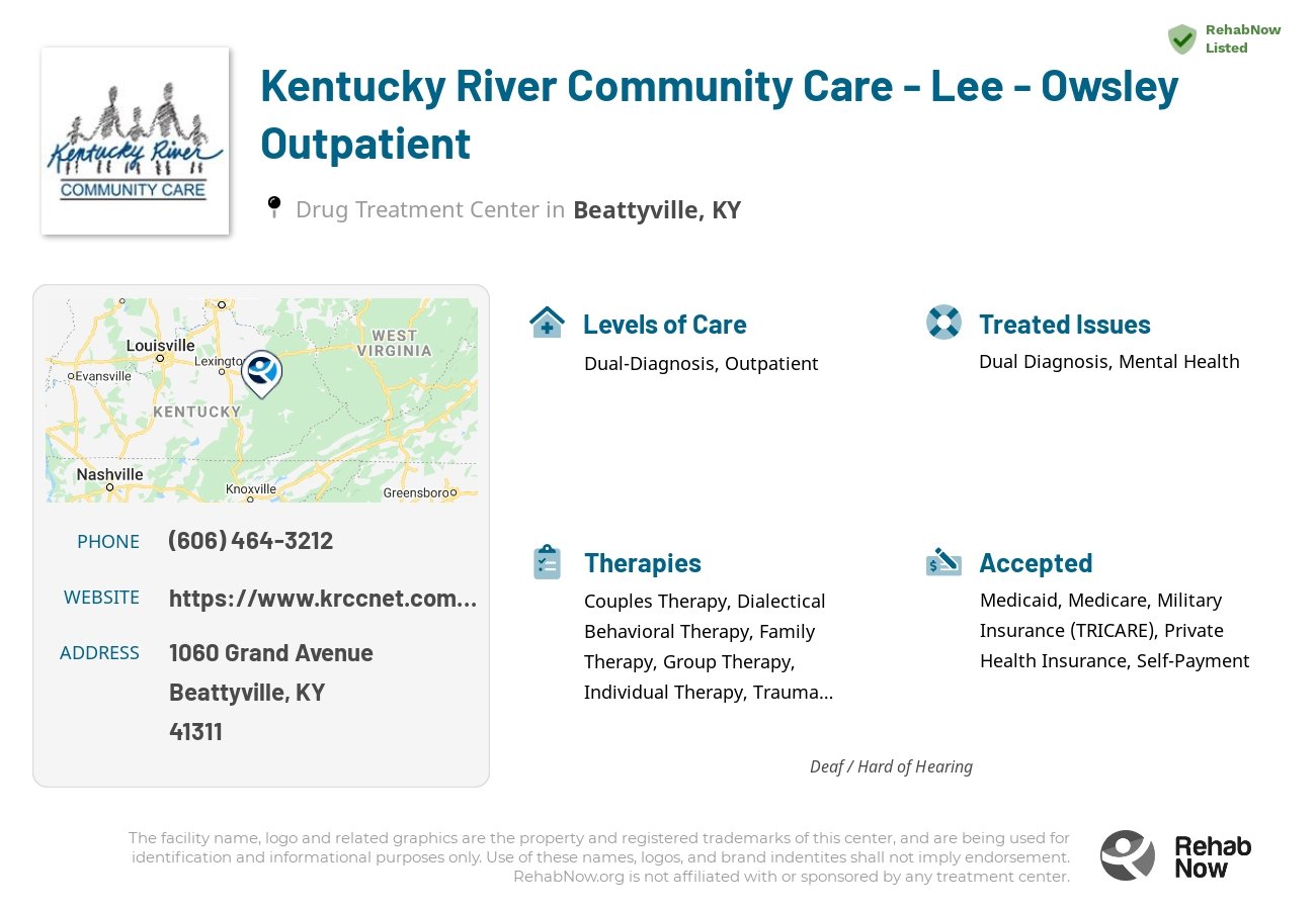 Helpful reference information for Kentucky River Community Care - Lee - Owsley Outpatient, a drug treatment center in Kentucky located at: 1060 Grand Avenue, Beattyville, KY, 41311, including phone numbers, official website, and more. Listed briefly is an overview of Levels of Care, Therapies Offered, Issues Treated, and accepted forms of Payment Methods.