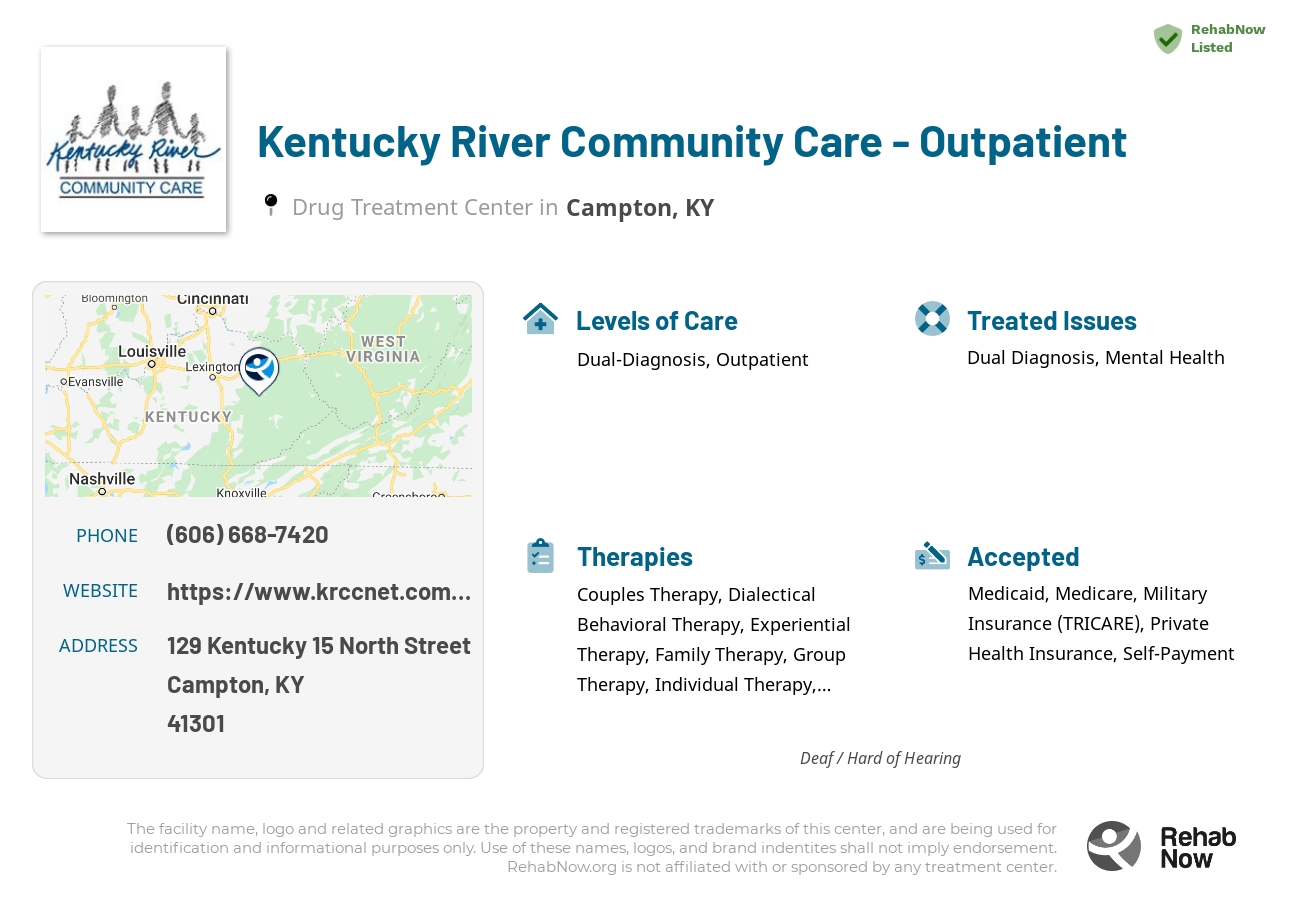 Helpful reference information for Kentucky River Community Care - Outpatient, a drug treatment center in Kentucky located at: 129 Kentucky 15 North Street, Campton, KY, 41301, including phone numbers, official website, and more. Listed briefly is an overview of Levels of Care, Therapies Offered, Issues Treated, and accepted forms of Payment Methods.
