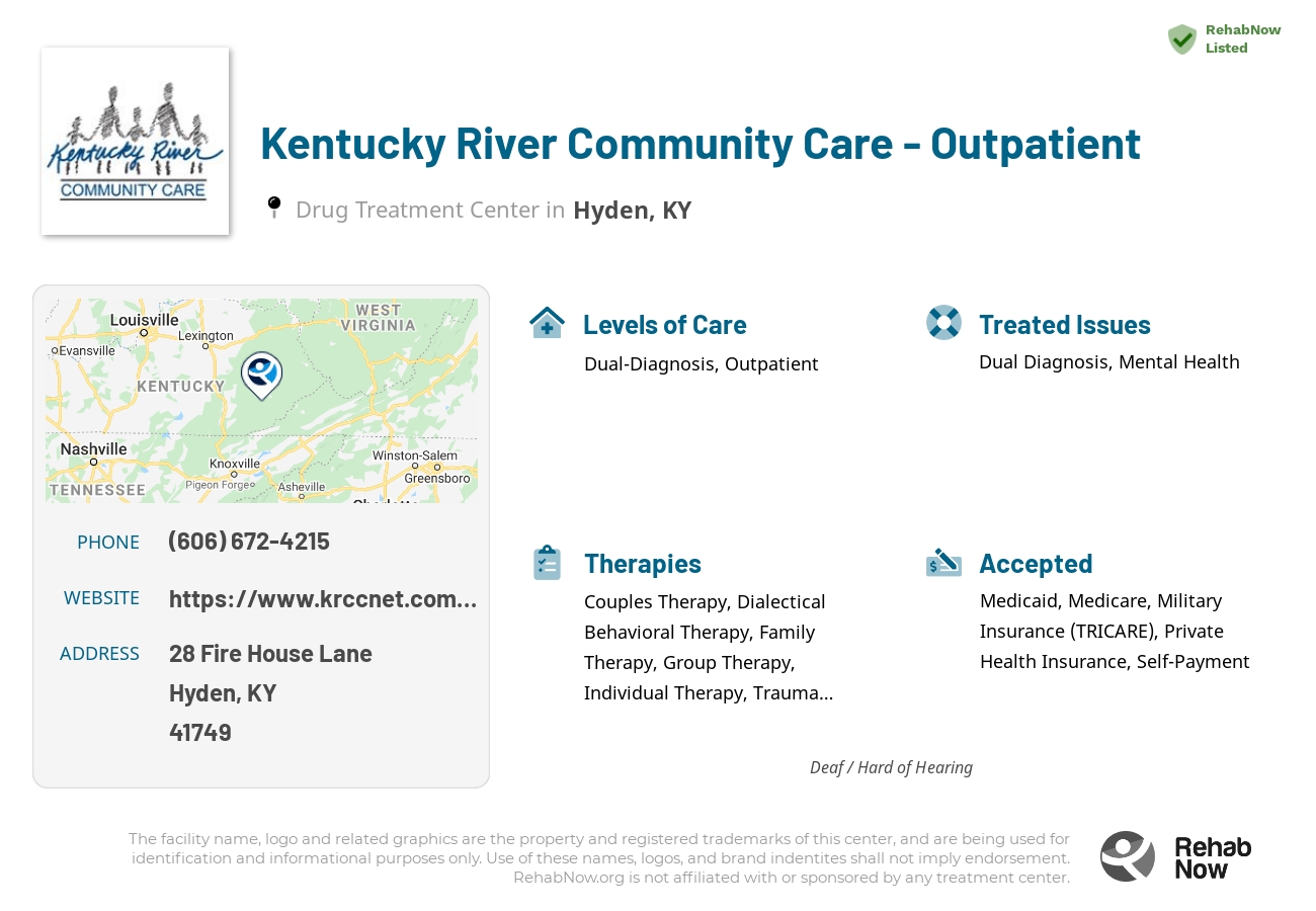 Helpful reference information for Kentucky River Community Care - Outpatient, a drug treatment center in Kentucky located at: 28 Fire House Lane, Hyden, KY, 41749, including phone numbers, official website, and more. Listed briefly is an overview of Levels of Care, Therapies Offered, Issues Treated, and accepted forms of Payment Methods.