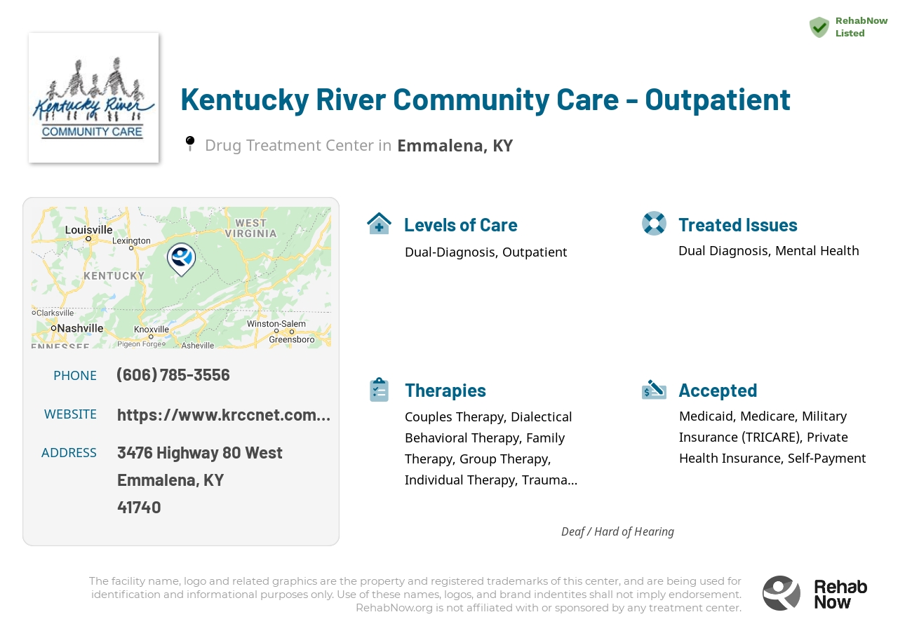 Helpful reference information for Kentucky River Community Care - Outpatient, a drug treatment center in Kentucky located at: 3476 Highway 80 West, Emmalena, KY, 41740, including phone numbers, official website, and more. Listed briefly is an overview of Levels of Care, Therapies Offered, Issues Treated, and accepted forms of Payment Methods.