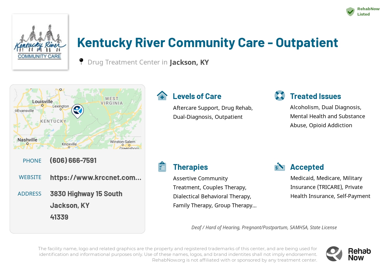Helpful reference information for Kentucky River Community Care - Outpatient, a drug treatment center in Kentucky located at: 3830 Highway 15 South, Jackson, KY, 41339, including phone numbers, official website, and more. Listed briefly is an overview of Levels of Care, Therapies Offered, Issues Treated, and accepted forms of Payment Methods.