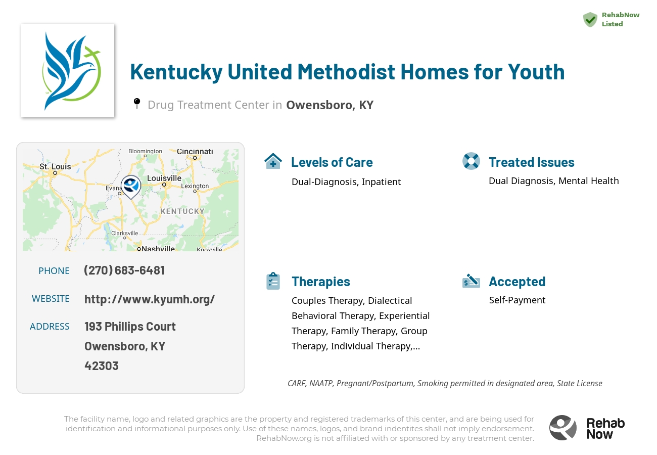Helpful reference information for Kentucky United Methodist Homes for Youth, a drug treatment center in Kentucky located at: 193 Phillips Court, Owensboro, KY, 42303, including phone numbers, official website, and more. Listed briefly is an overview of Levels of Care, Therapies Offered, Issues Treated, and accepted forms of Payment Methods.