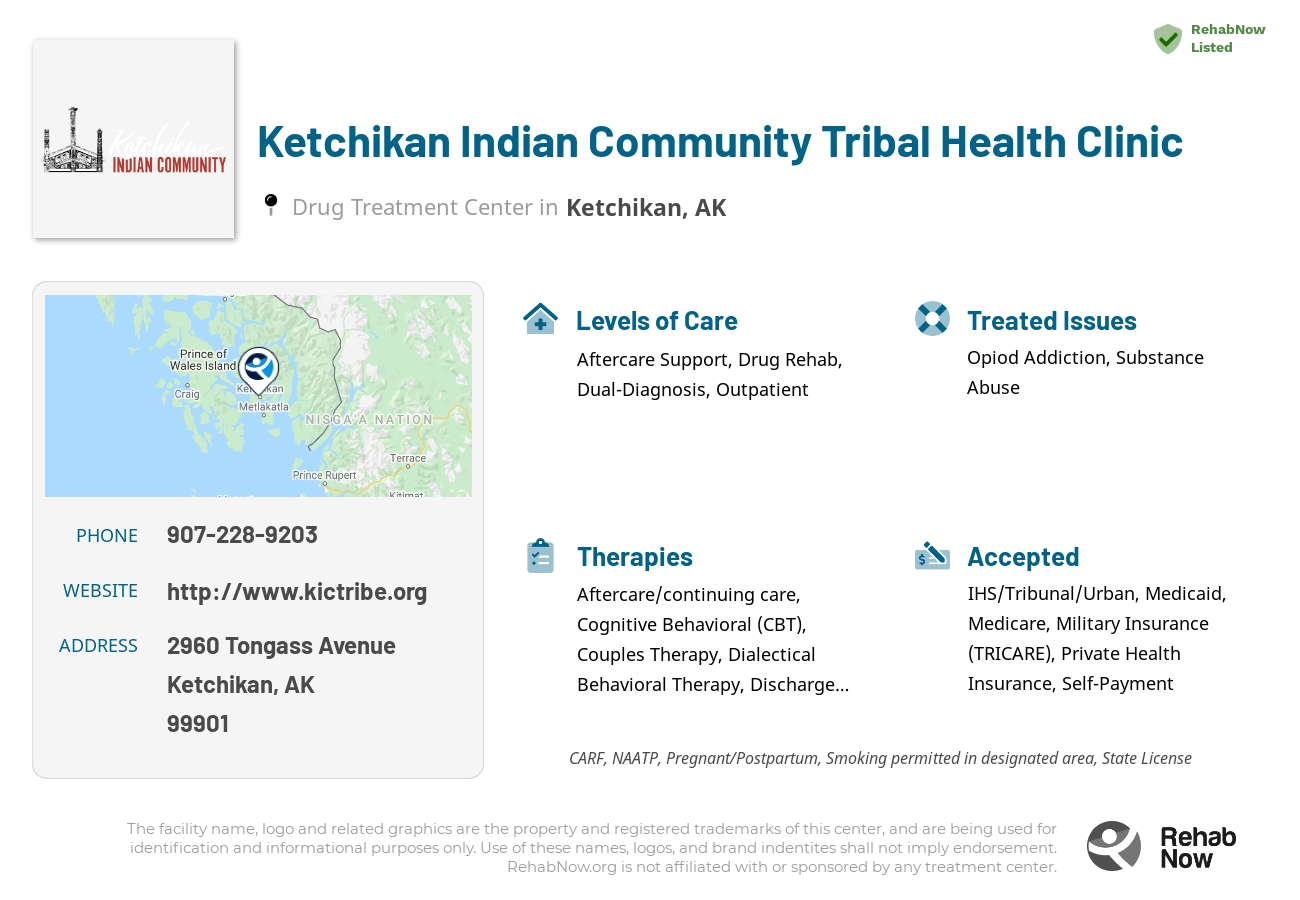 Helpful reference information for Ketchikan Indian Community Tribal Health Clinic, a drug treatment center in Alaska located at: 2960 Tongass Avenue, Ketchikan, AK 99901, including phone numbers, official website, and more. Listed briefly is an overview of Levels of Care, Therapies Offered, Issues Treated, and accepted forms of Payment Methods.