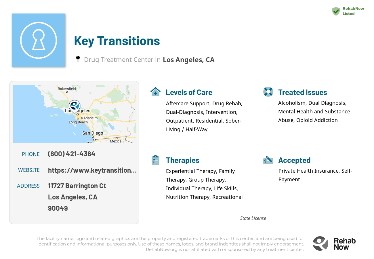 Helpful reference information for Key Transitions, a drug treatment center in California located at: 11727 Barrington Ct, Los Angeles, CA 90049, including phone numbers, official website, and more. Listed briefly is an overview of Levels of Care, Therapies Offered, Issues Treated, and accepted forms of Payment Methods.