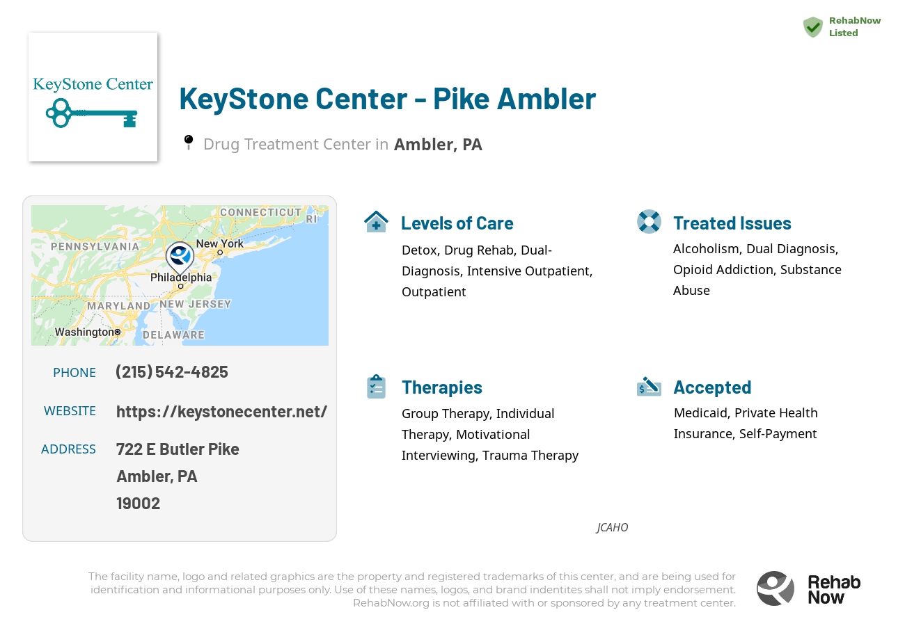 Helpful reference information for KeyStone Center - Pike Ambler, a drug treatment center in Pennsylvania located at: 722 E Butler Pike, Ambler, PA 19002, including phone numbers, official website, and more. Listed briefly is an overview of Levels of Care, Therapies Offered, Issues Treated, and accepted forms of Payment Methods.