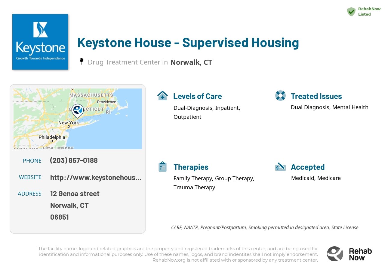 Helpful reference information for Keystone House - Supervised Housing, a drug treatment center in Connecticut located at: 12 Genoa street, Norwalk, CT, 06851, including phone numbers, official website, and more. Listed briefly is an overview of Levels of Care, Therapies Offered, Issues Treated, and accepted forms of Payment Methods.