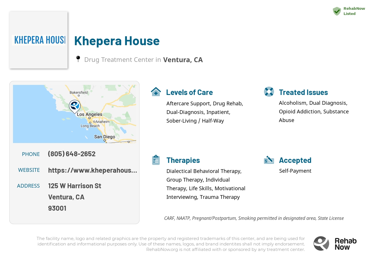 Helpful reference information for Khepera House, a drug treatment center in California located at: 125 W Harrison St, Ventura, CA 93001, including phone numbers, official website, and more. Listed briefly is an overview of Levels of Care, Therapies Offered, Issues Treated, and accepted forms of Payment Methods.