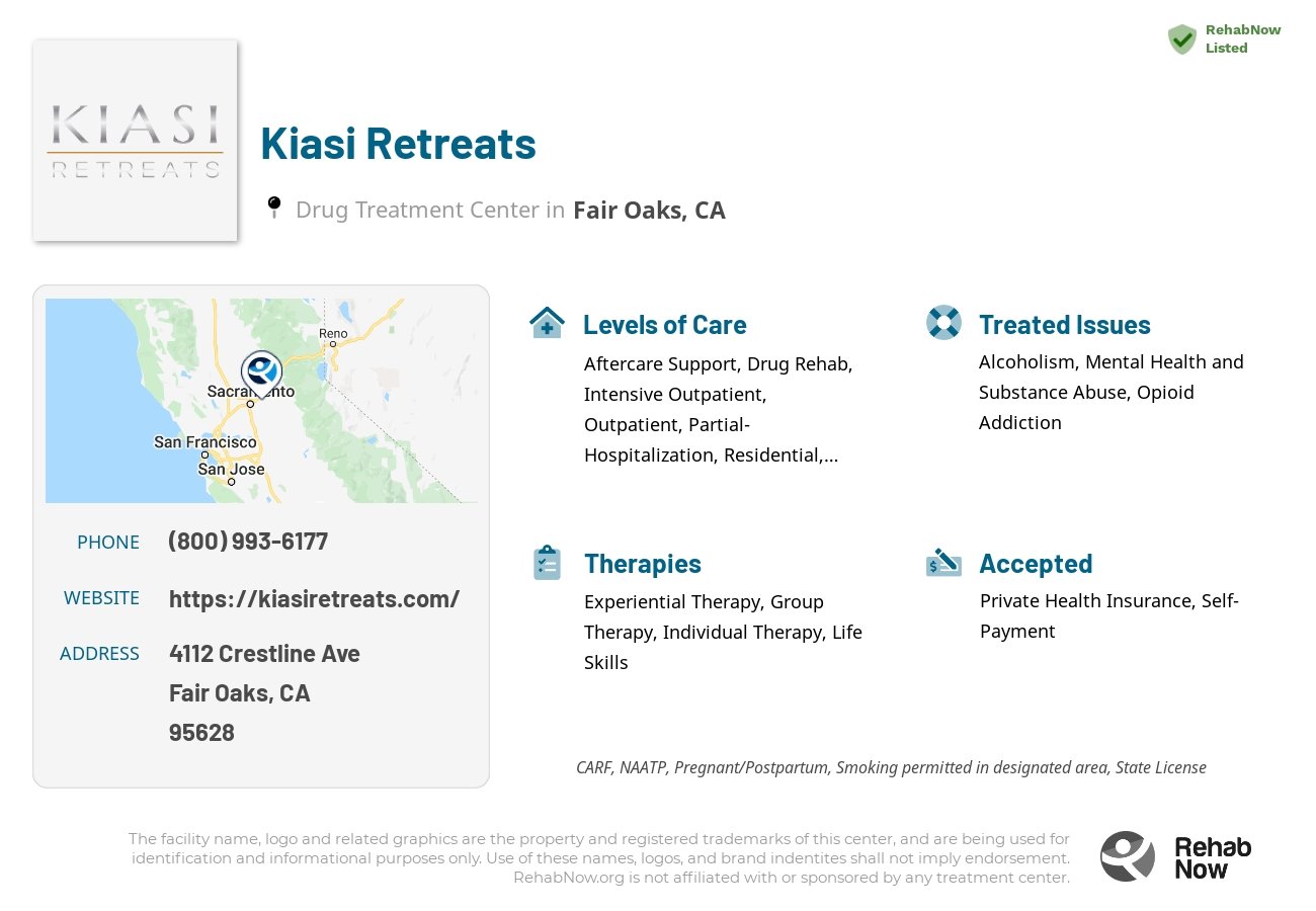 Helpful reference information for Kiasi Retreats, a drug treatment center in California located at: 4112 Crestline Ave, Fair Oaks, CA 95628, including phone numbers, official website, and more. Listed briefly is an overview of Levels of Care, Therapies Offered, Issues Treated, and accepted forms of Payment Methods.