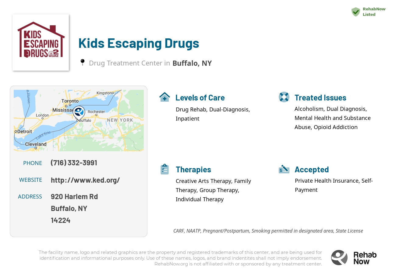 Helpful reference information for Kids Escaping Drugs, a drug treatment center in New York located at: 920 Harlem Rd, Buffalo, NY 14224, including phone numbers, official website, and more. Listed briefly is an overview of Levels of Care, Therapies Offered, Issues Treated, and accepted forms of Payment Methods.