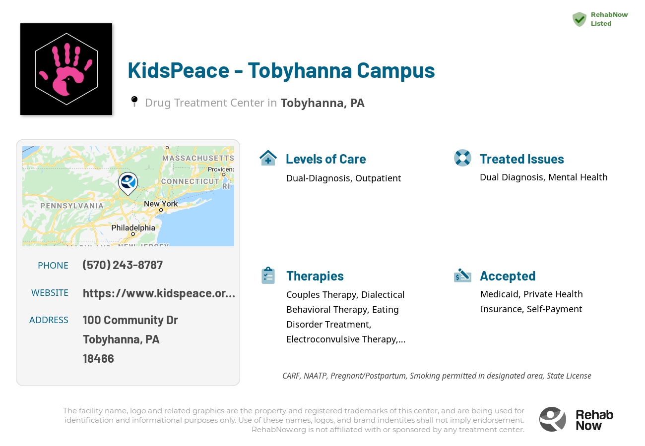 Helpful reference information for KidsPeace - Tobyhanna Campus, a drug treatment center in Pennsylvania located at: 100 Community Dr, Tobyhanna, PA 18466, including phone numbers, official website, and more. Listed briefly is an overview of Levels of Care, Therapies Offered, Issues Treated, and accepted forms of Payment Methods.