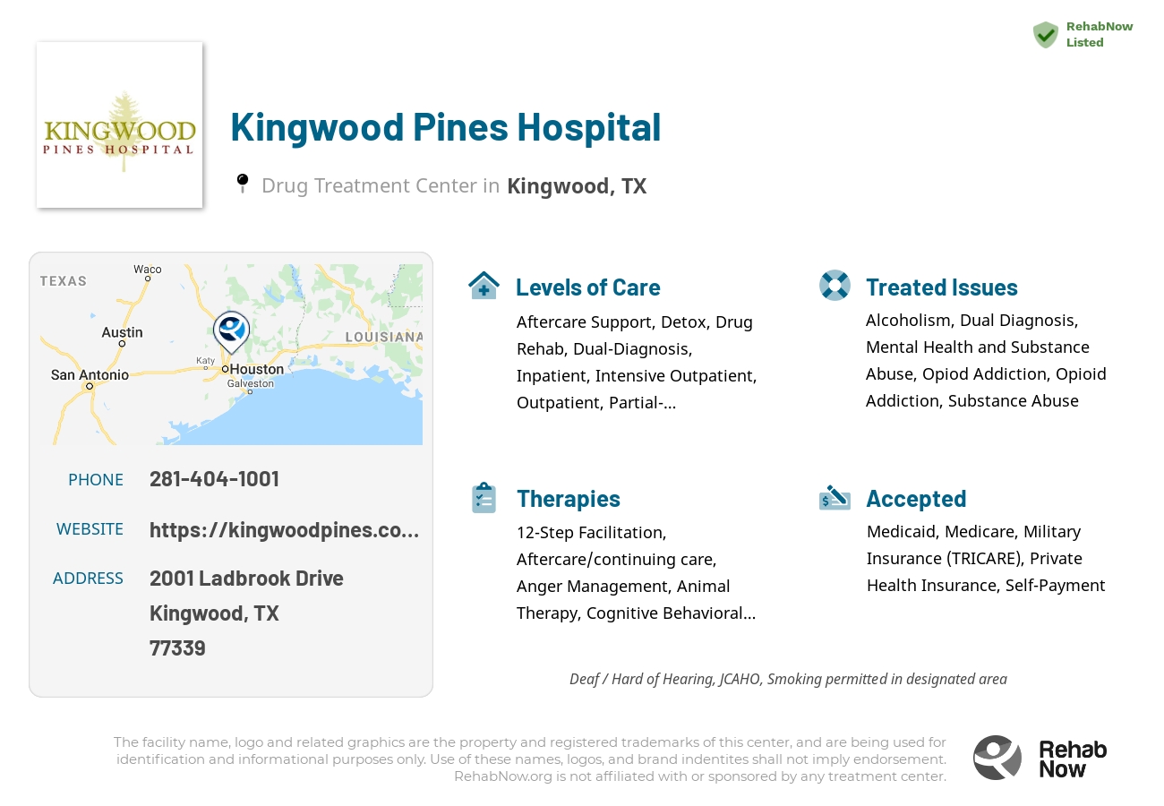 Helpful reference information for Kingwood Pines Hospital, a drug treatment center in Texas located at: 2001 Ladbrook Drive, Kingwood, TX, 77339, including phone numbers, official website, and more. Listed briefly is an overview of Levels of Care, Therapies Offered, Issues Treated, and accepted forms of Payment Methods.