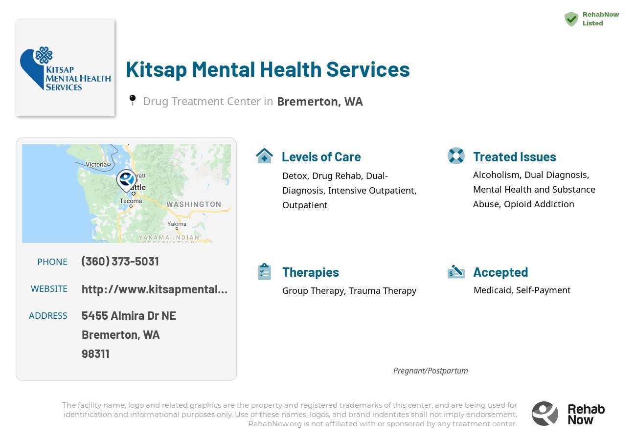 Helpful reference information for Kitsap Mental Health Services, a drug treatment center in Washington located at: 5455 Almira Dr NE, Bremerton, WA 98311, including phone numbers, official website, and more. Listed briefly is an overview of Levels of Care, Therapies Offered, Issues Treated, and accepted forms of Payment Methods.