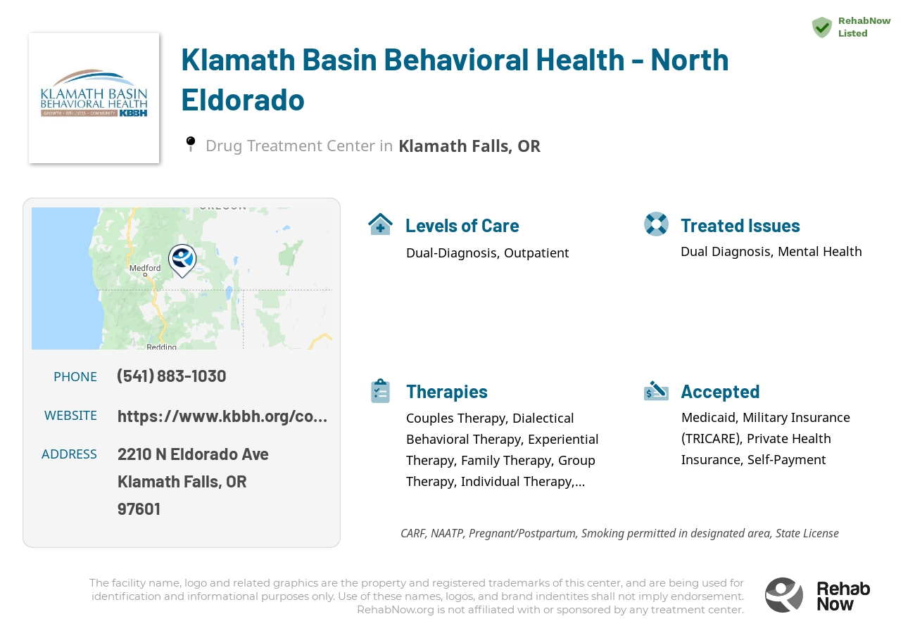 Helpful reference information for Klamath Basin Behavioral Health - North Eldorado, a drug treatment center in Oregon located at: 2210 N Eldorado Ave, Klamath Falls, OR 97601, including phone numbers, official website, and more. Listed briefly is an overview of Levels of Care, Therapies Offered, Issues Treated, and accepted forms of Payment Methods.