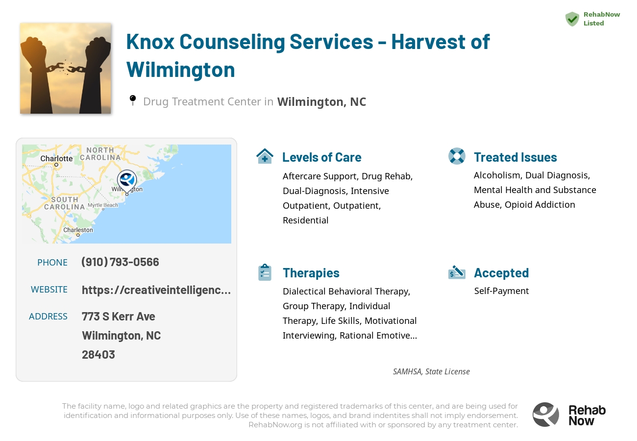 Helpful reference information for Knox Counseling Services - Harvest of Wilmington, a drug treatment center in North Carolina located at: 773 S Kerr Ave, Wilmington, NC 28403, including phone numbers, official website, and more. Listed briefly is an overview of Levels of Care, Therapies Offered, Issues Treated, and accepted forms of Payment Methods.