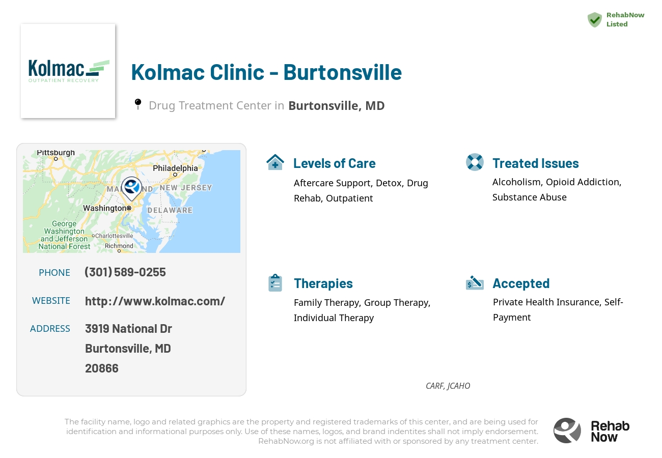 Helpful reference information for Kolmac Clinic - Burtonsville, a drug treatment center in Maryland located at: 3919 National Dr Suite 300, Burtonsville, MD, 20866, including phone numbers, official website, and more. Listed briefly is an overview of Levels of Care, Therapies Offered, Issues Treated, and accepted forms of Payment Methods.