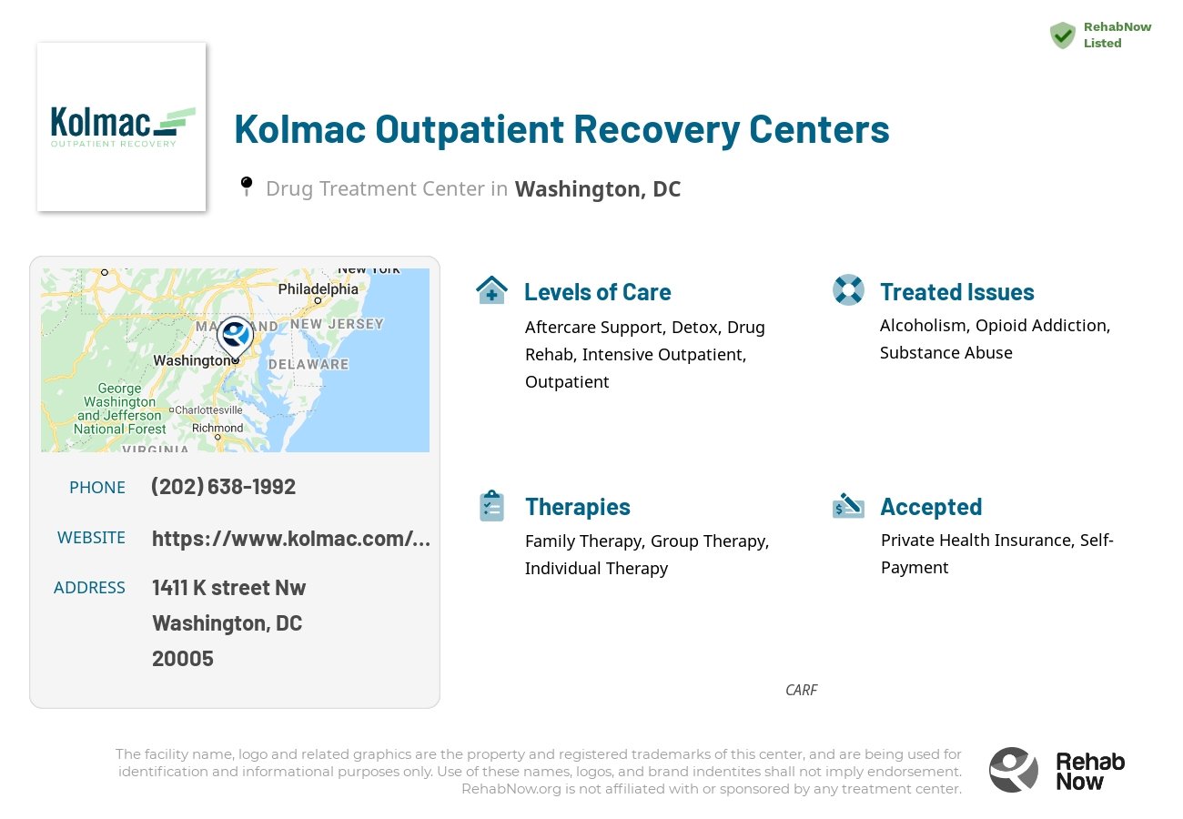 Helpful reference information for Kolmac Outpatient Recovery Centers, a drug treatment center in District of Columbia located at: 1411 K street Nw, Washington, DC, 20005, including phone numbers, official website, and more. Listed briefly is an overview of Levels of Care, Therapies Offered, Issues Treated, and accepted forms of Payment Methods.
