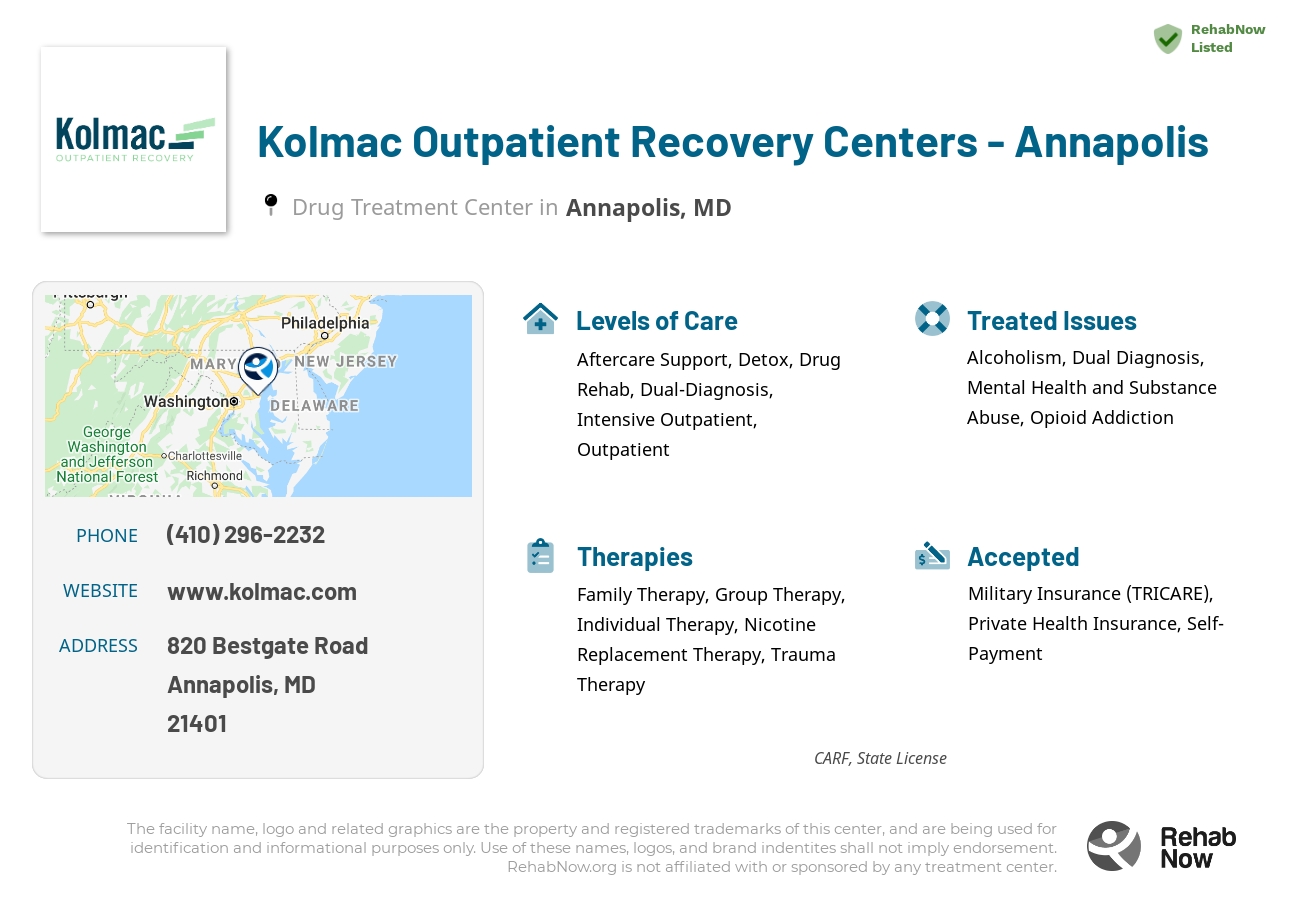 Helpful reference information for Kolmac Outpatient Recovery Centers - Annapolis, a drug treatment center in Maryland located at: 820 Bestgate Road, Annapolis, MD, 21401, including phone numbers, official website, and more. Listed briefly is an overview of Levels of Care, Therapies Offered, Issues Treated, and accepted forms of Payment Methods.